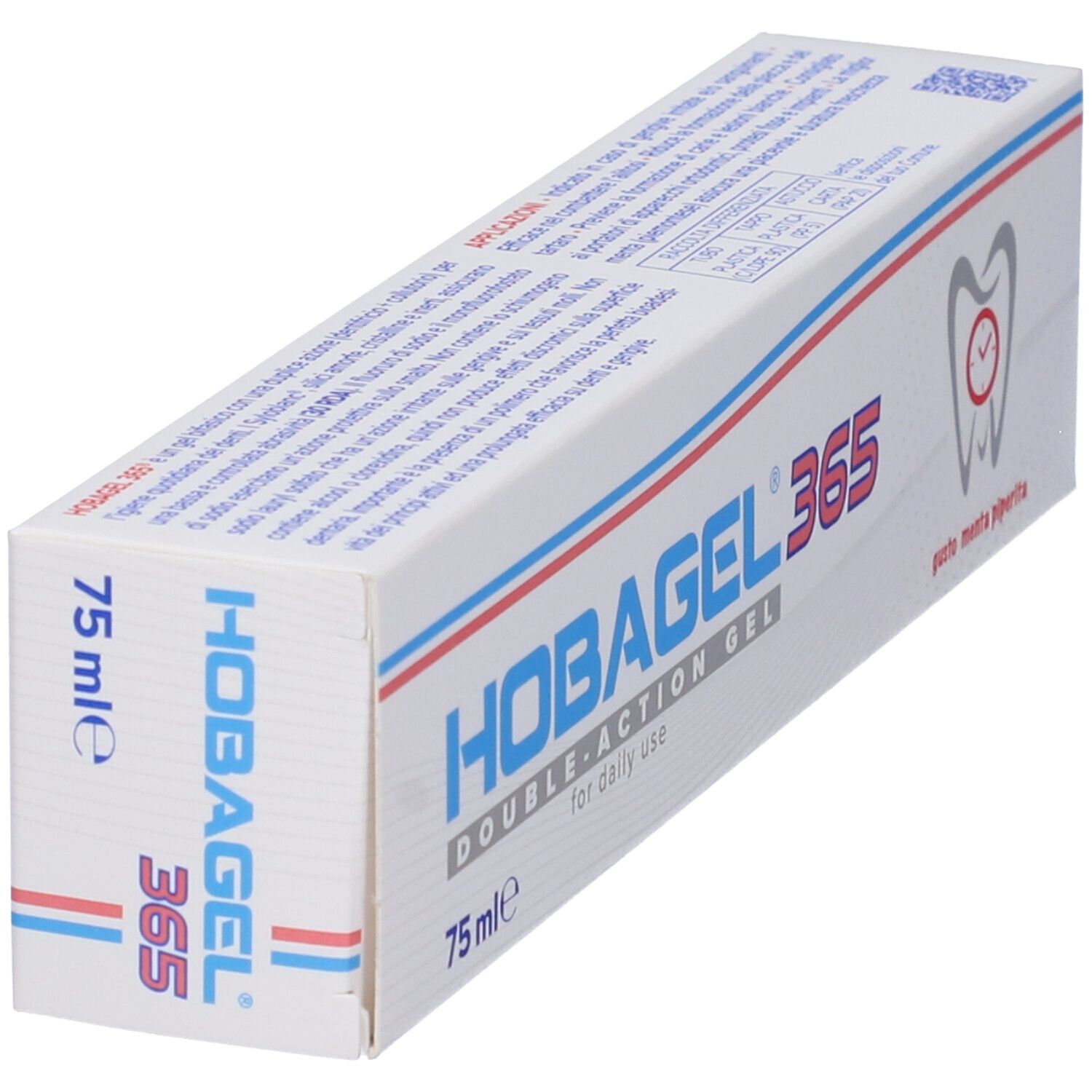 Confezione di dentifricio inclinata. Nome e logo del prodotto ben visibili. Contenuto 75 ml.