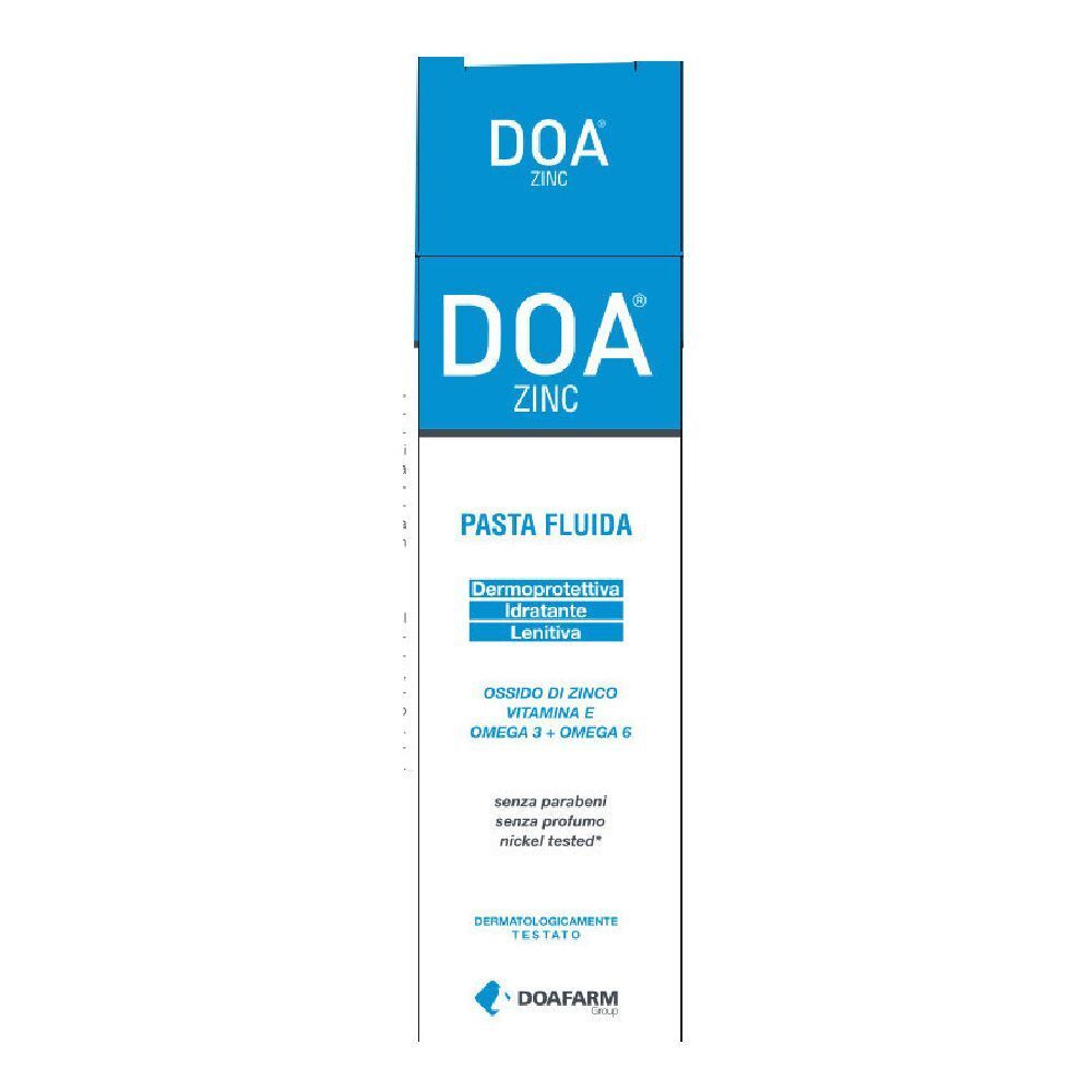 DOA ZINC Pasta, tubo. Confezione blu e bianca. Contiene ossido di zinco, vitamina E, Omega 3+6. Dermatologicamente testato.