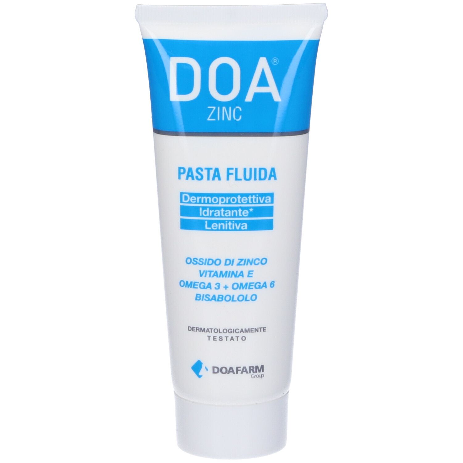 DOA ZINC Pasta, tubo. Tubo bianco con tappo blu. Contiene ossido di zinco, vitamina E, Omega 3+6. Dermatologicamente testato.