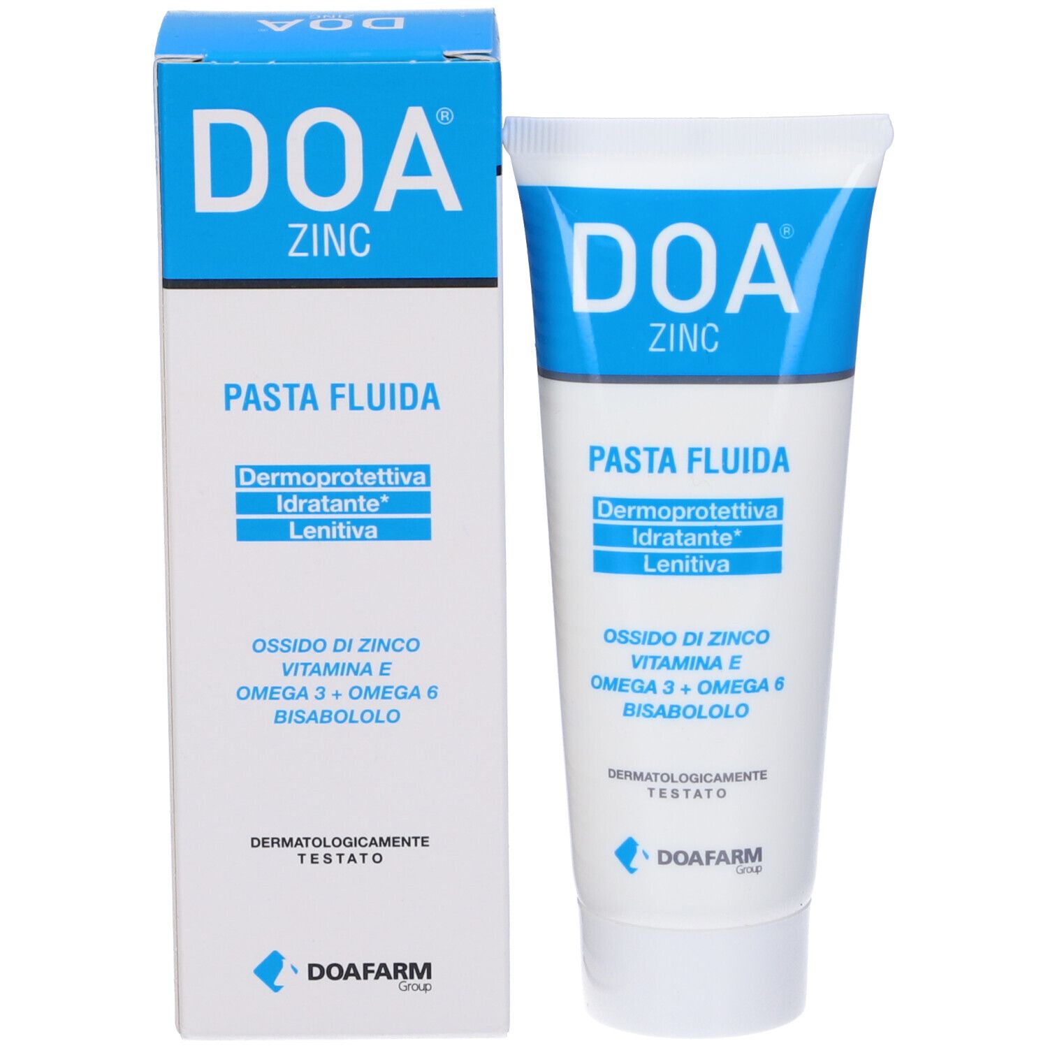 DOA ZINC Pasta, tubo e scatola. Contiene ossido di zinco, vitamina E, Omega 3+6. Dermatologicamente testato. Scatola e tubo.