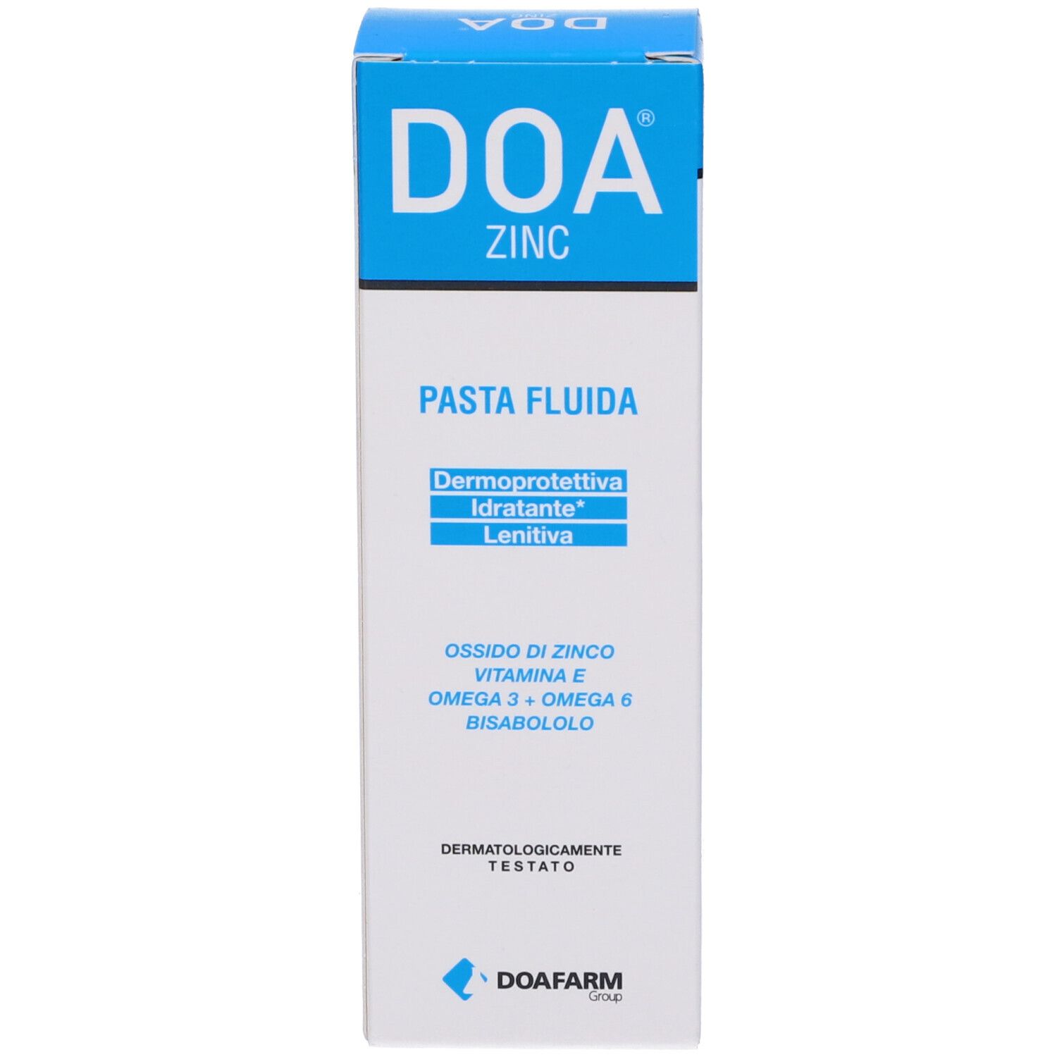 DOA ZINC Pasta, scatola. Contiene ossido di zinco, vitamina E, Omega 3+6. Dermatologicamente testato. Confezione blu e bianca.