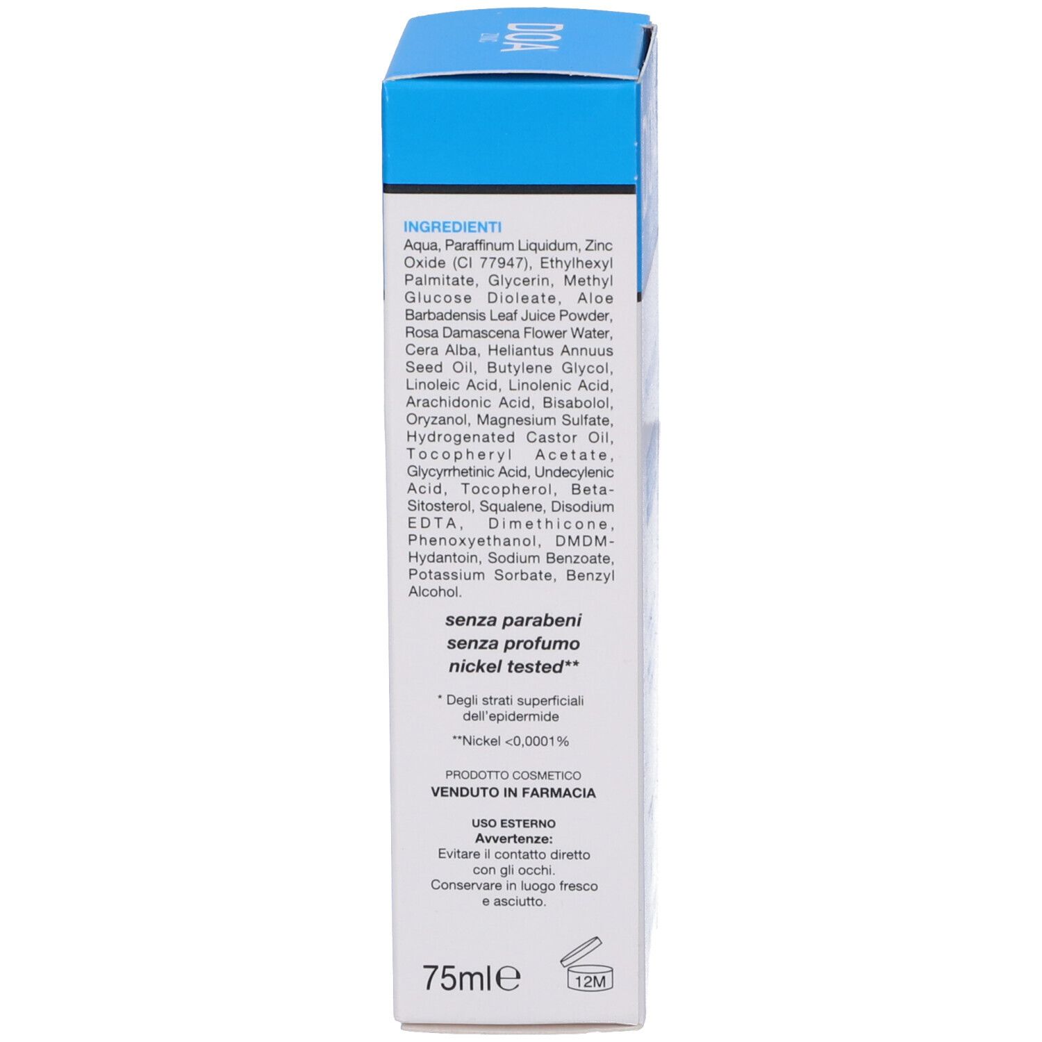 Lato della scatola DOA ZINC Pasta. Contiene ingredienti, avvertenze e informazioni sul produttore. 75ml.
