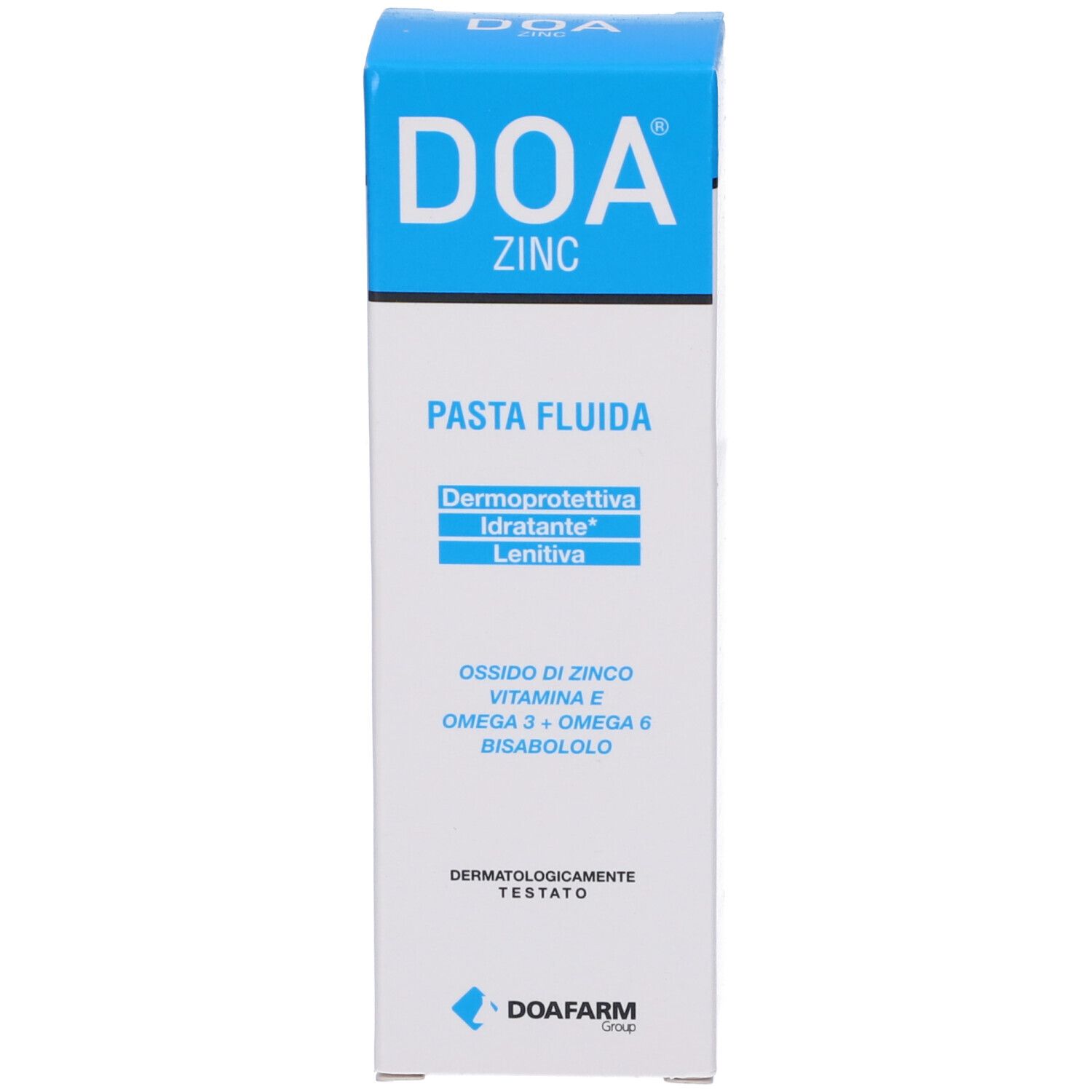 DOA ZINC Pasta, scatola. Contiene ossido di zinco, vitamina E, Omega 3+6. Dermatologicamente testato. Confezione blu e bianca.