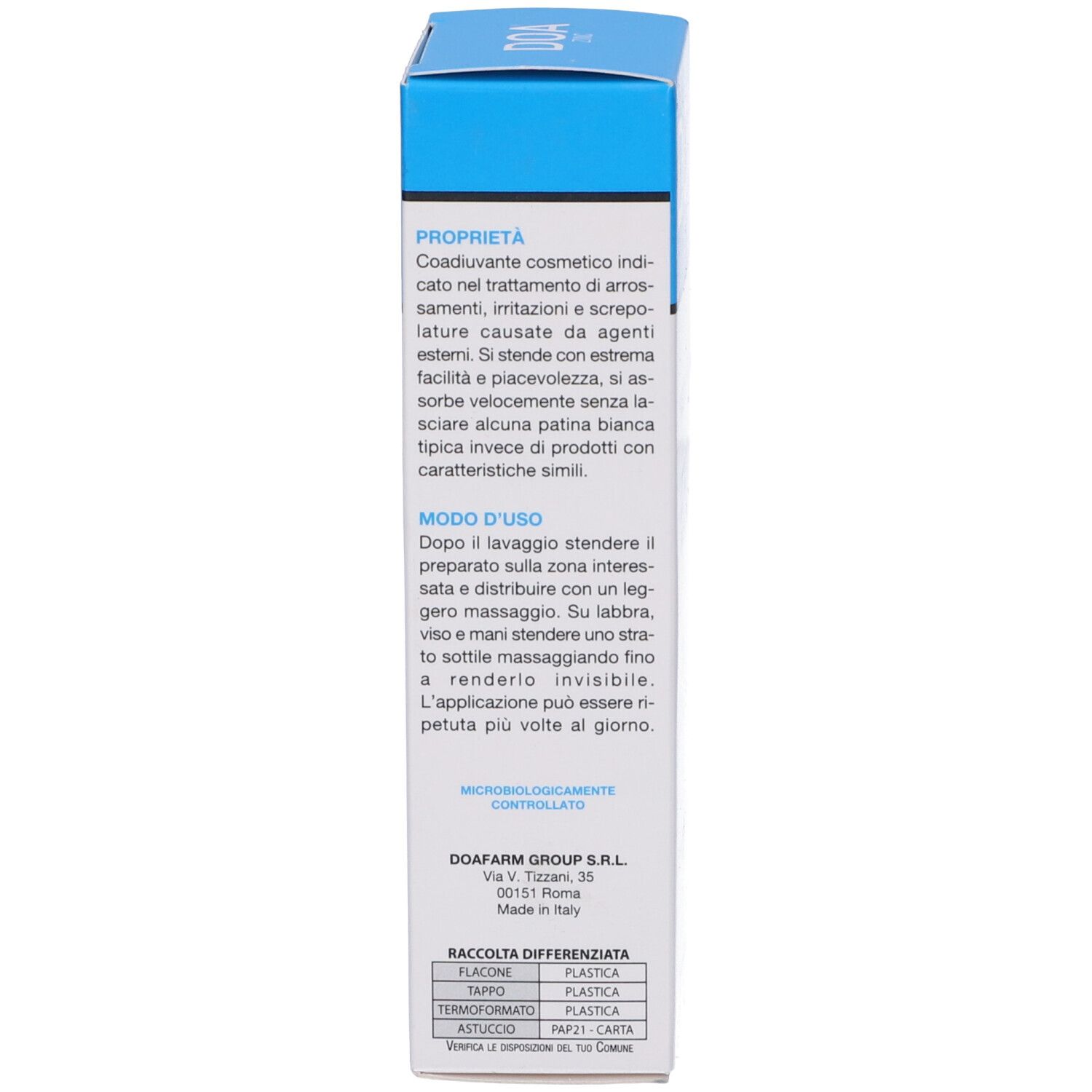 Retro della scatola DOA ZINC Pasta. Contiene informazioni sull'uso e sul produttore. 75ml. Materiali riciclabili.