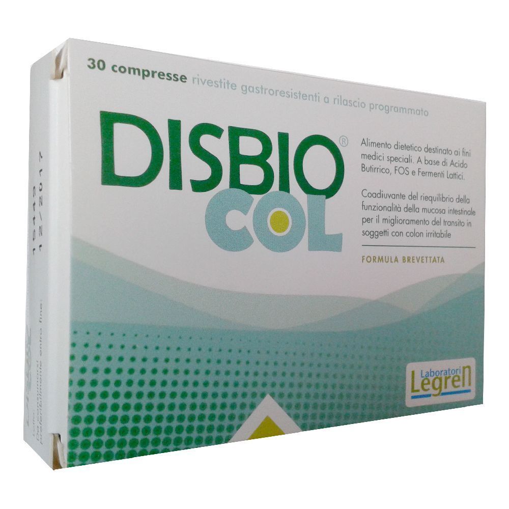 Scatola di compresse DISBIO®COL. Confezione verde e bianca con nome e logo del prodotto. 30 compresse.
