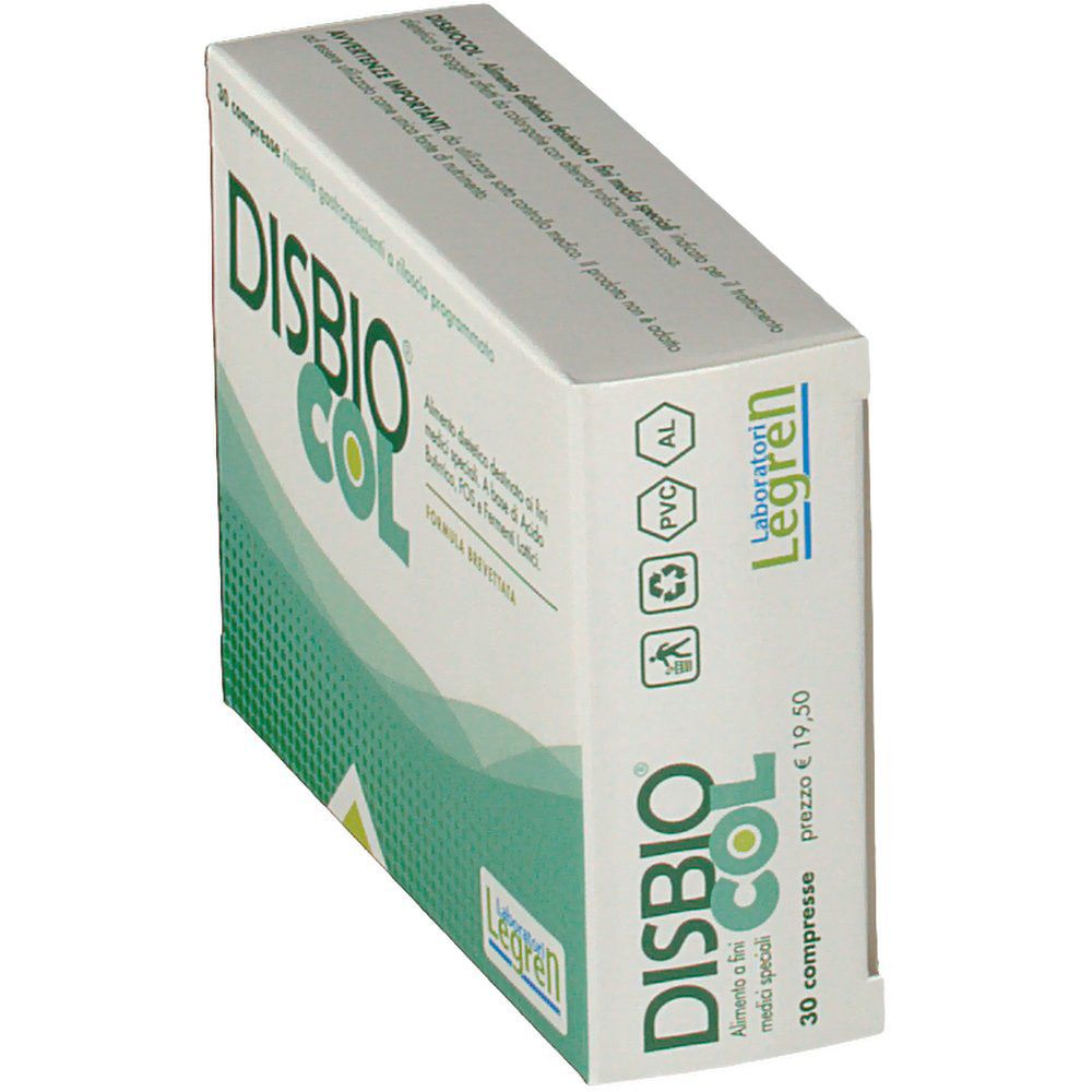 Scatola DISBIO®COL in prospettiva. Bianca con logo e testo verdi. Contiene 30 compresse. Prezzo: 19,50 €.