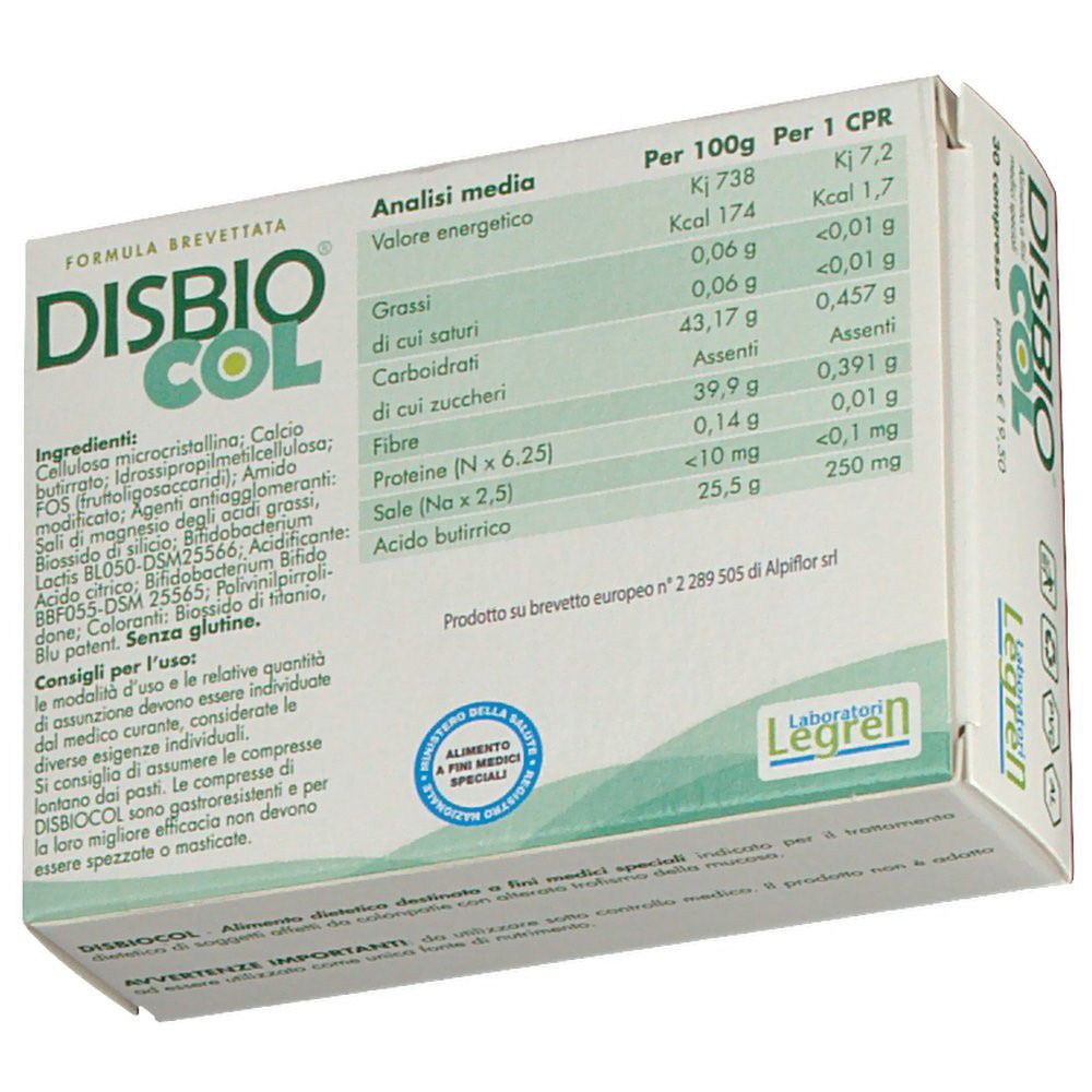 Retro della confezione DISBIO®COL. Contiene informazioni nutrizionali e ingredienti. Logo Legren.
