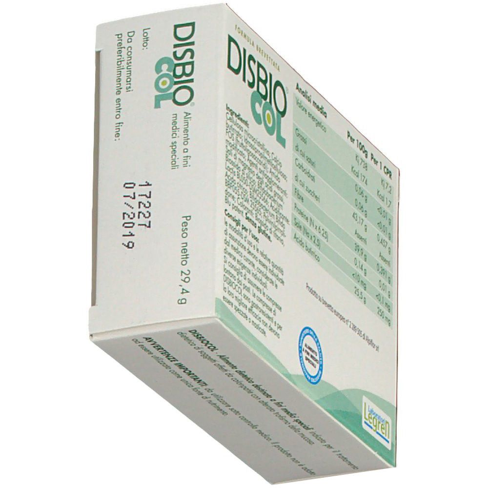 Scatola DISBIO®COL in prospettiva. Contiene informazioni nutrizionali e ingredienti. Logo Legren.
