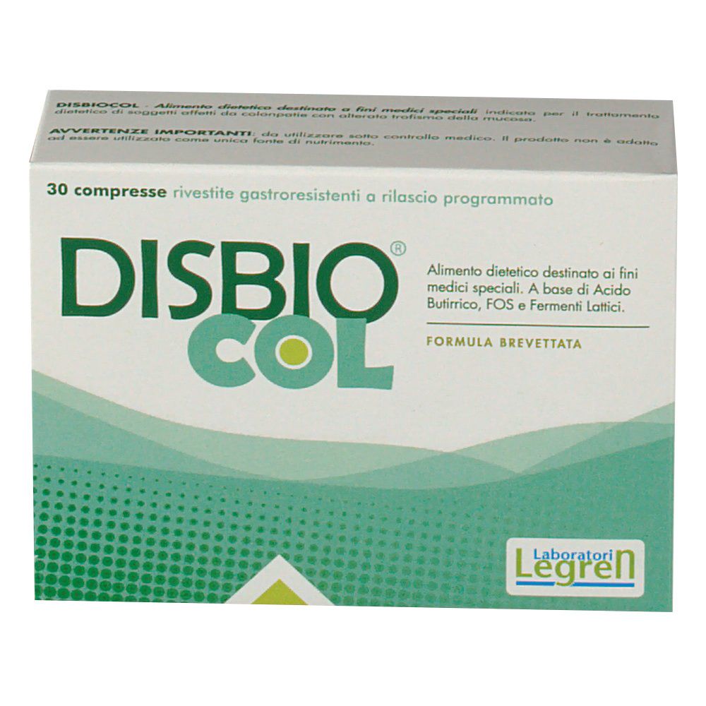 Confezione DISBIO®COL. Bianca con logo e testo verdi. Contiene 30 compresse. Logo Legren.