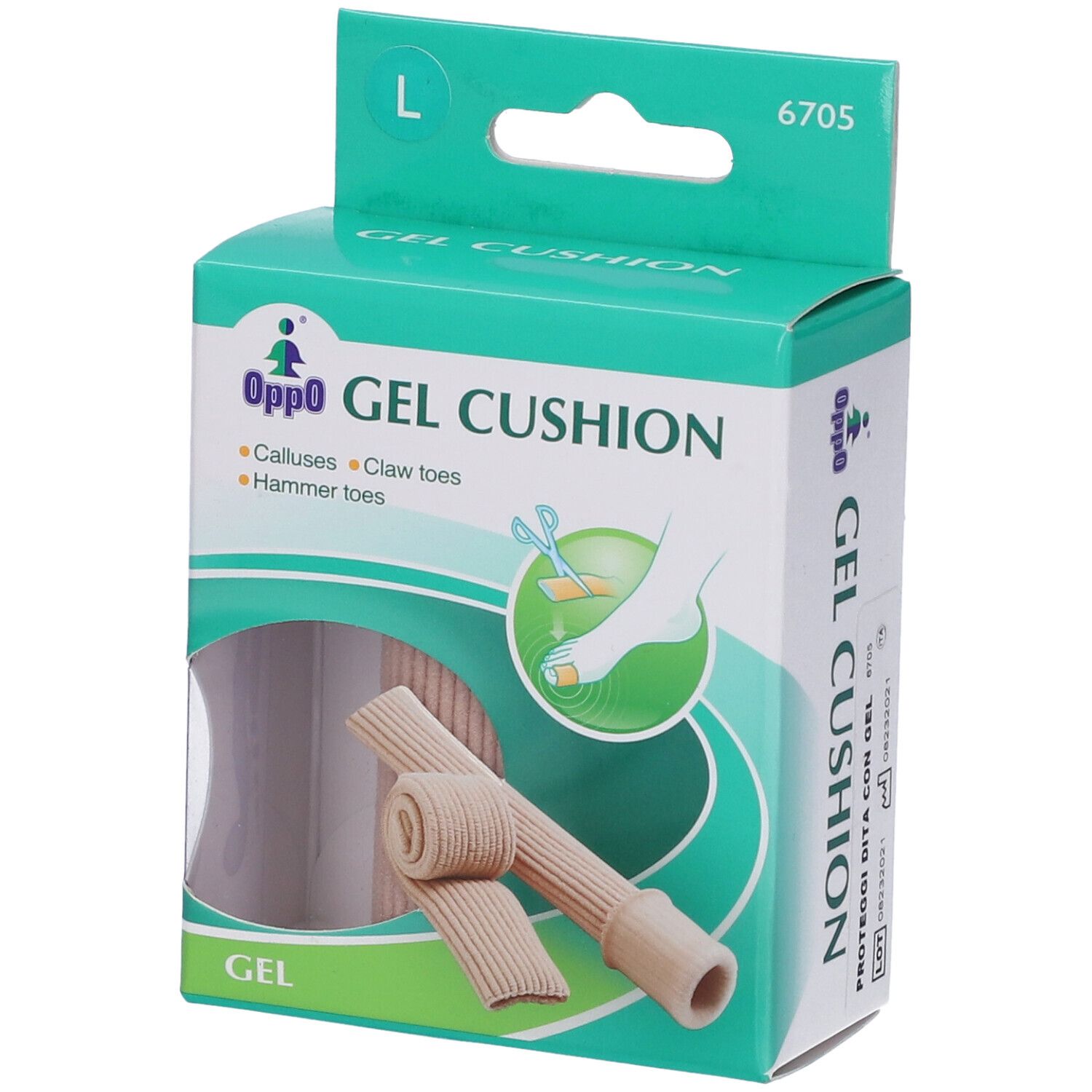 Confezione "Oppo GEL CUSHION". Visibile: protezione per dita, taglia L, codice 6705. Immagine del prodotto.