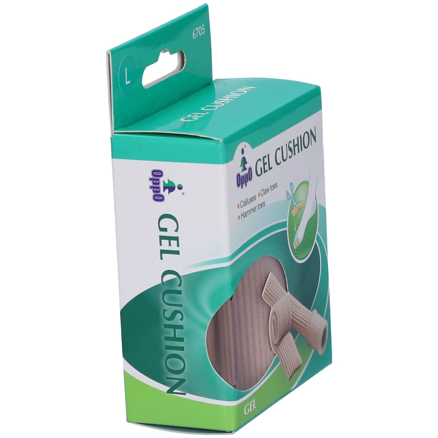 Confezione "Oppo GEL CUSHION". Protezione per dita visibile. Taglia L, codice 6705. Vista angolata della confezione.