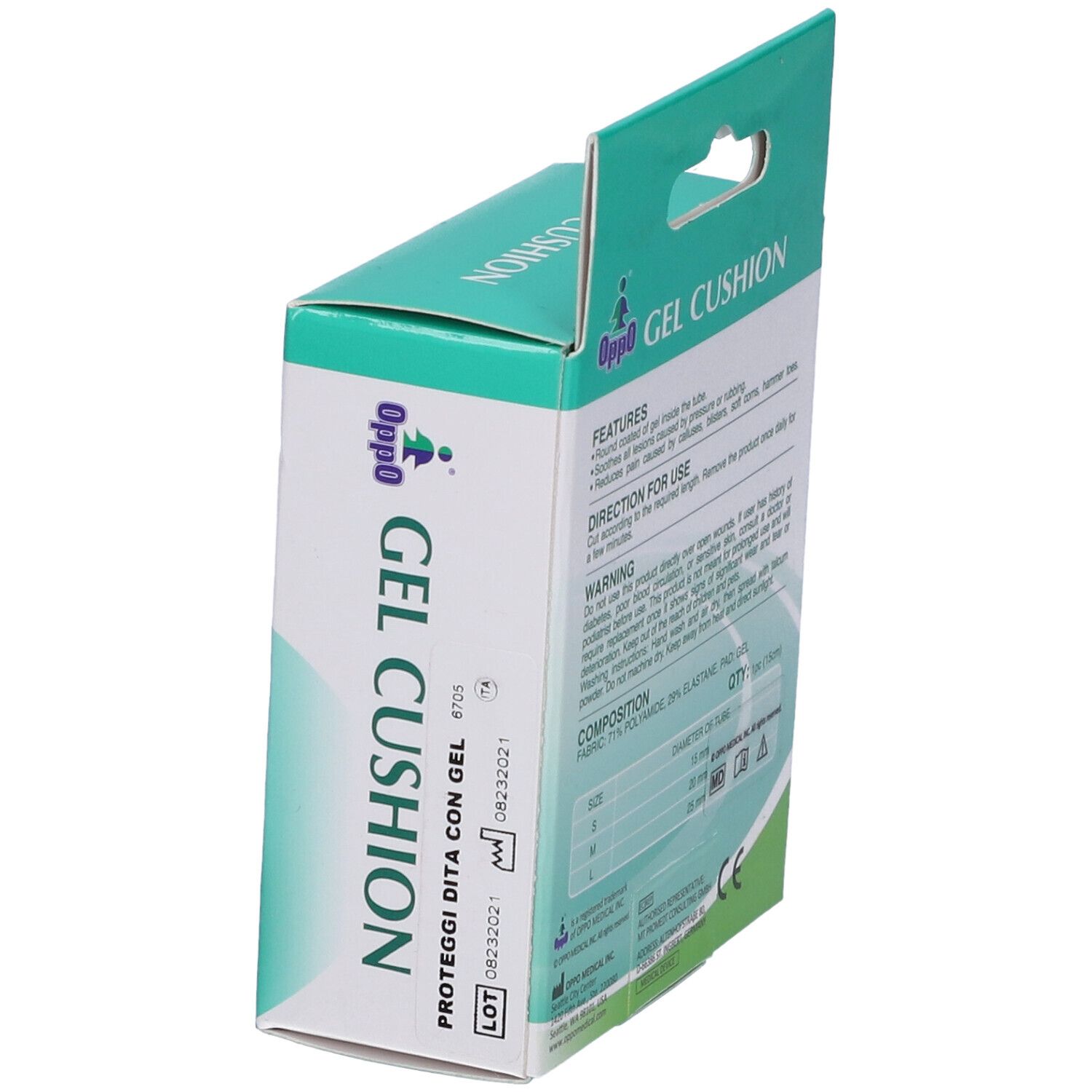 Confezione "Oppo GEL CUSHION". Retro con informazioni. Taglia L, codice 6705. Numero di lotto.