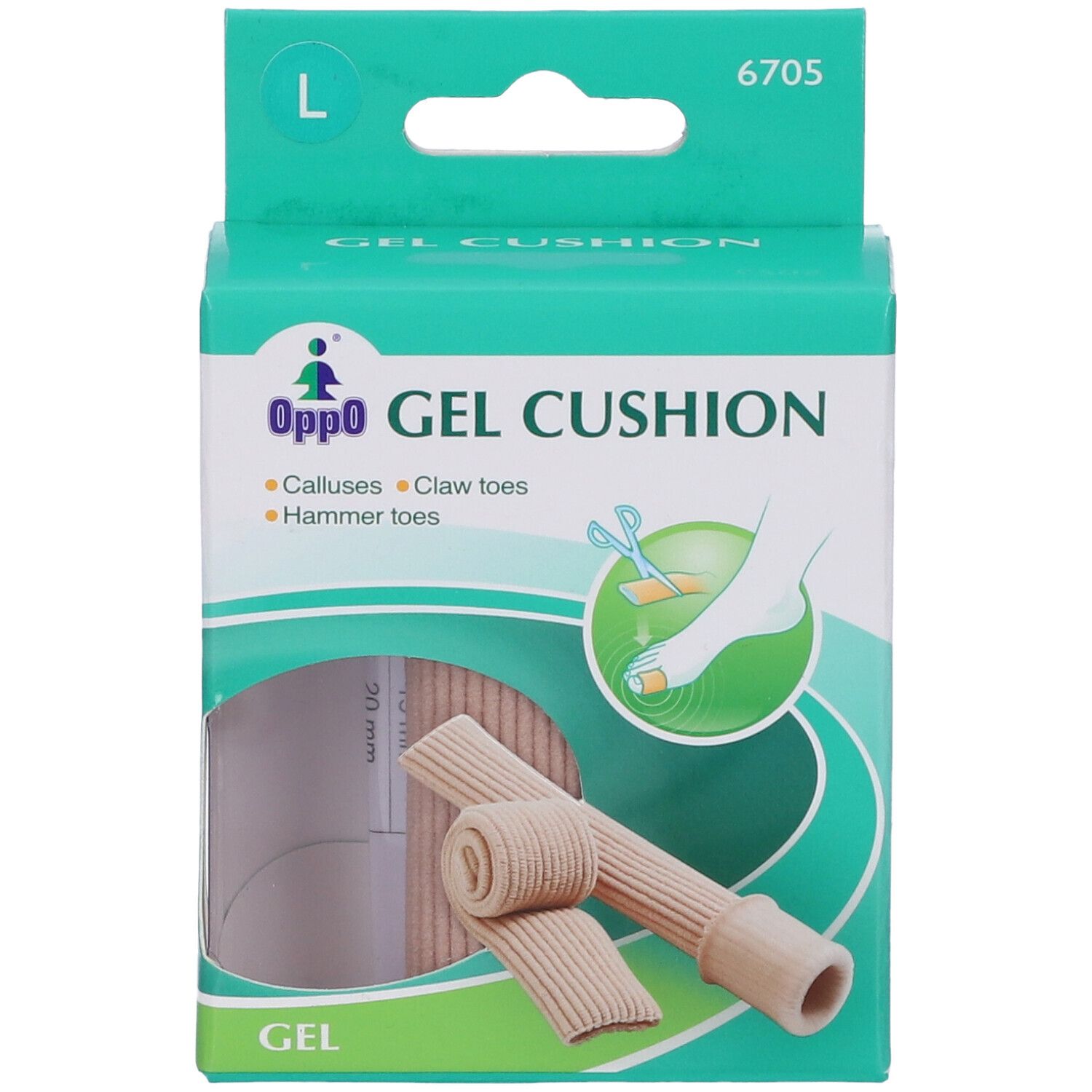 Confezione "Oppo GEL CUSHION". Protezione per dita visibile. Taglia L, codice 6705. Immagine e indicazioni taglia.