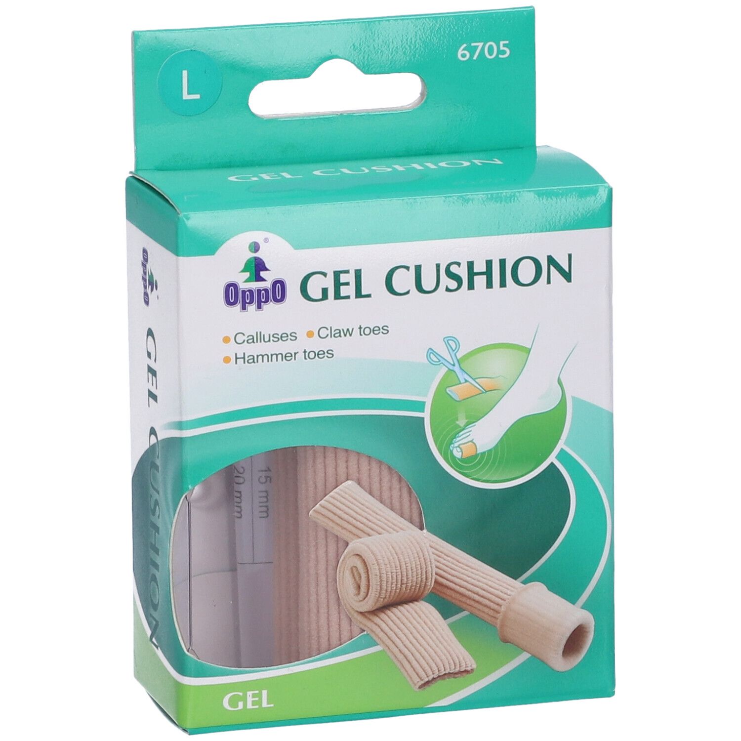 Confezione "Oppo GEL CUSHION". Protezione per dita visibile. Taglia L, codice 6705. Immagine e indicazioni taglia.
