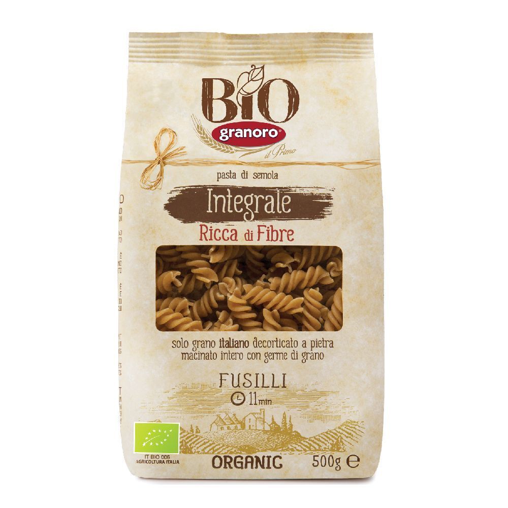 Sacchetto di pasta Fusilli. Scritto: Bio Granoro, Integrale, Ricca di Fibre, Fusilli, 11 min. 500g. Certificazione biologica.