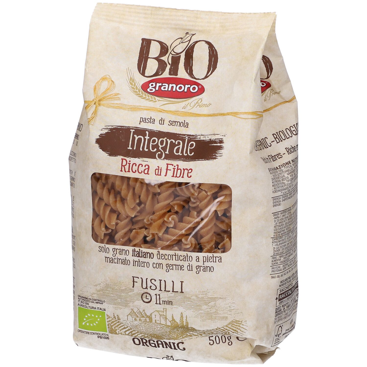 Sacchetto di pasta Fusilli. Scritto: Bio Granoro, Integrale, Ricca di Fibre, Fusilli, 11 min. 500g. Certificazione biologica.