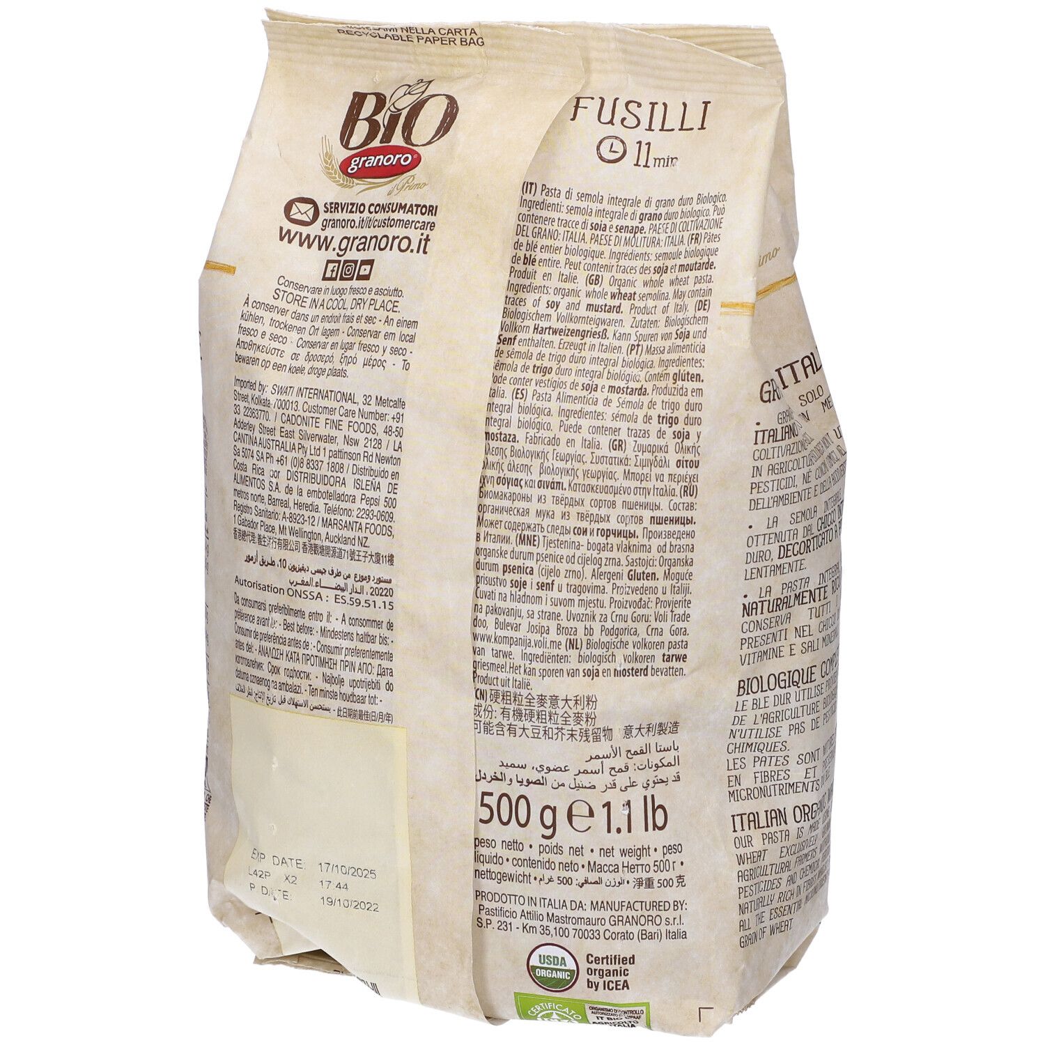 Retro del sacchetto di pasta Fusilli. Scritto: Bio Granoro, testo, 500g, certificazione biologica.