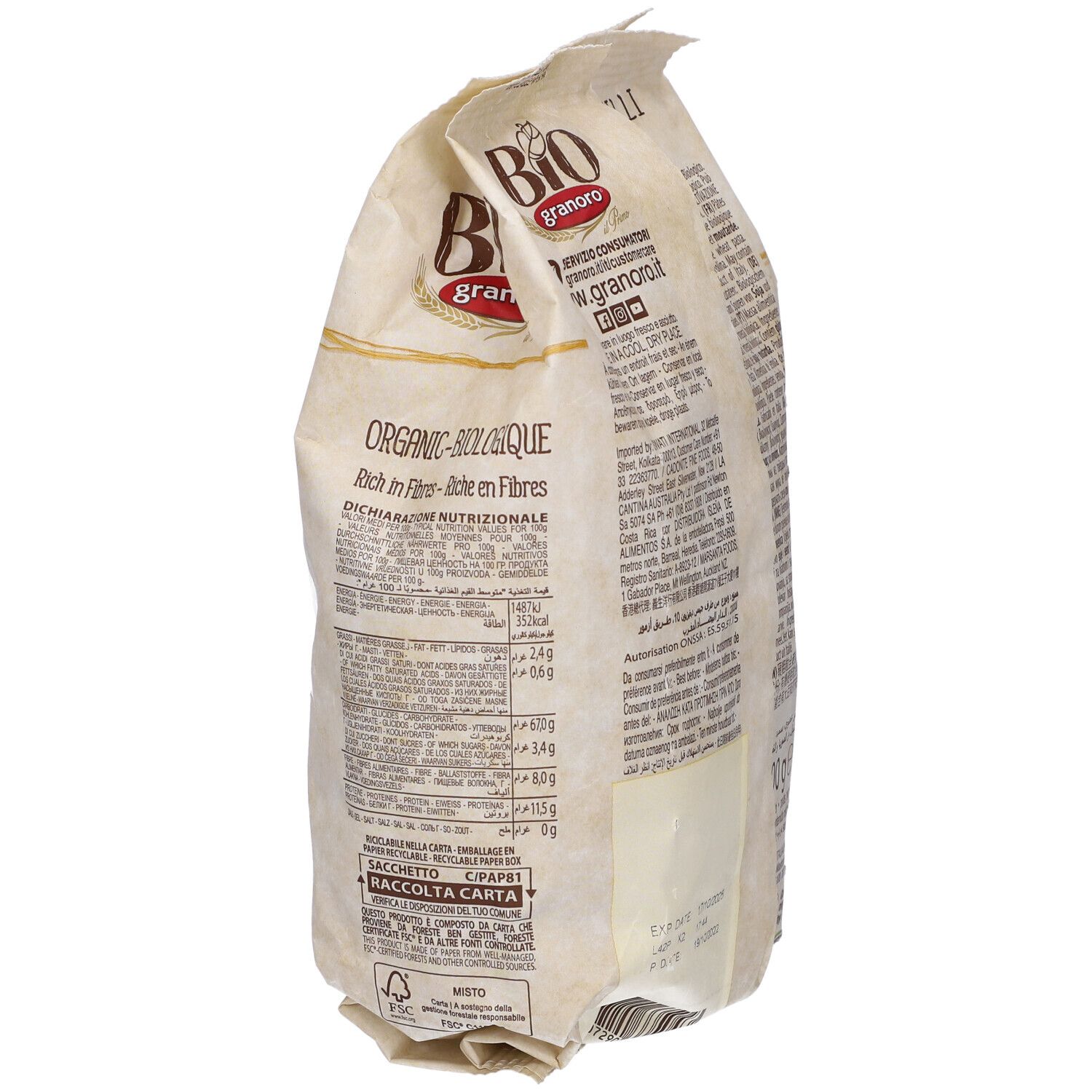 Sacchetto di pasta Fusilli. Scritto: Bio Granoro, testo, valori nutrizionali, certificazione biologica.