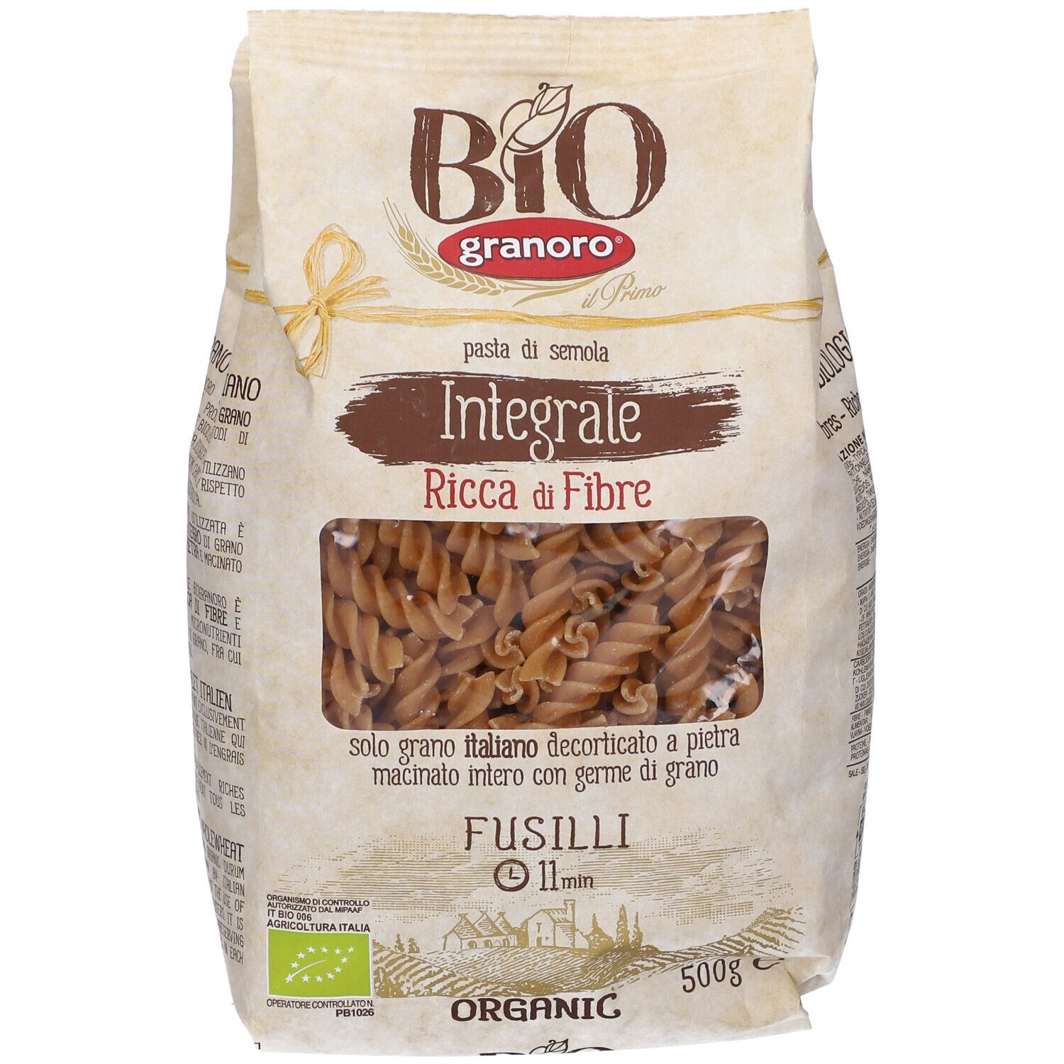 Sacchetto di pasta Fusilli. Scritto: Bio Granoro, Integrale, Ricca di Fibre, Fusilli, 11 min. 500g. Certificazione biologica.