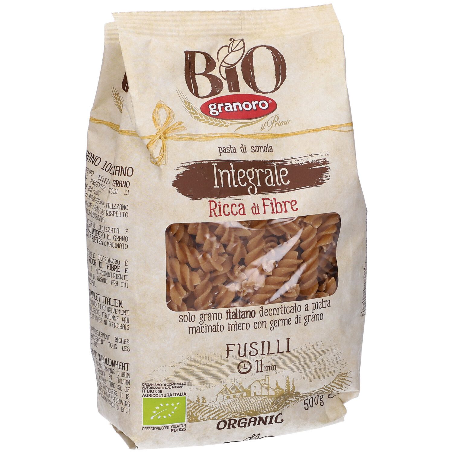Sacchetto di pasta Fusilli. Scritto: Bio Granoro, Integrale, Ricca di Fibre, Fusilli, 11 min. 500g. Certificazione biologica.