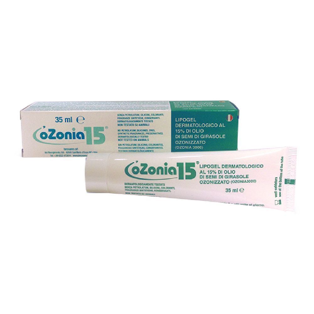Tubo e scatola con stampa del prodotto. Scritto: Ozonia 15. Lipogel dermatologico al 15% di olio di semi di girasole ozonizzato.