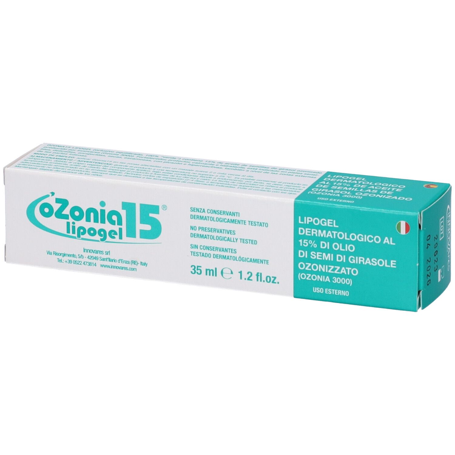 Scatola con stampa del prodotto. Scritto: Ozonia 15. Lipogel dermatologico al 15% di olio di semi di girasole ozonizzato. 35 ml.