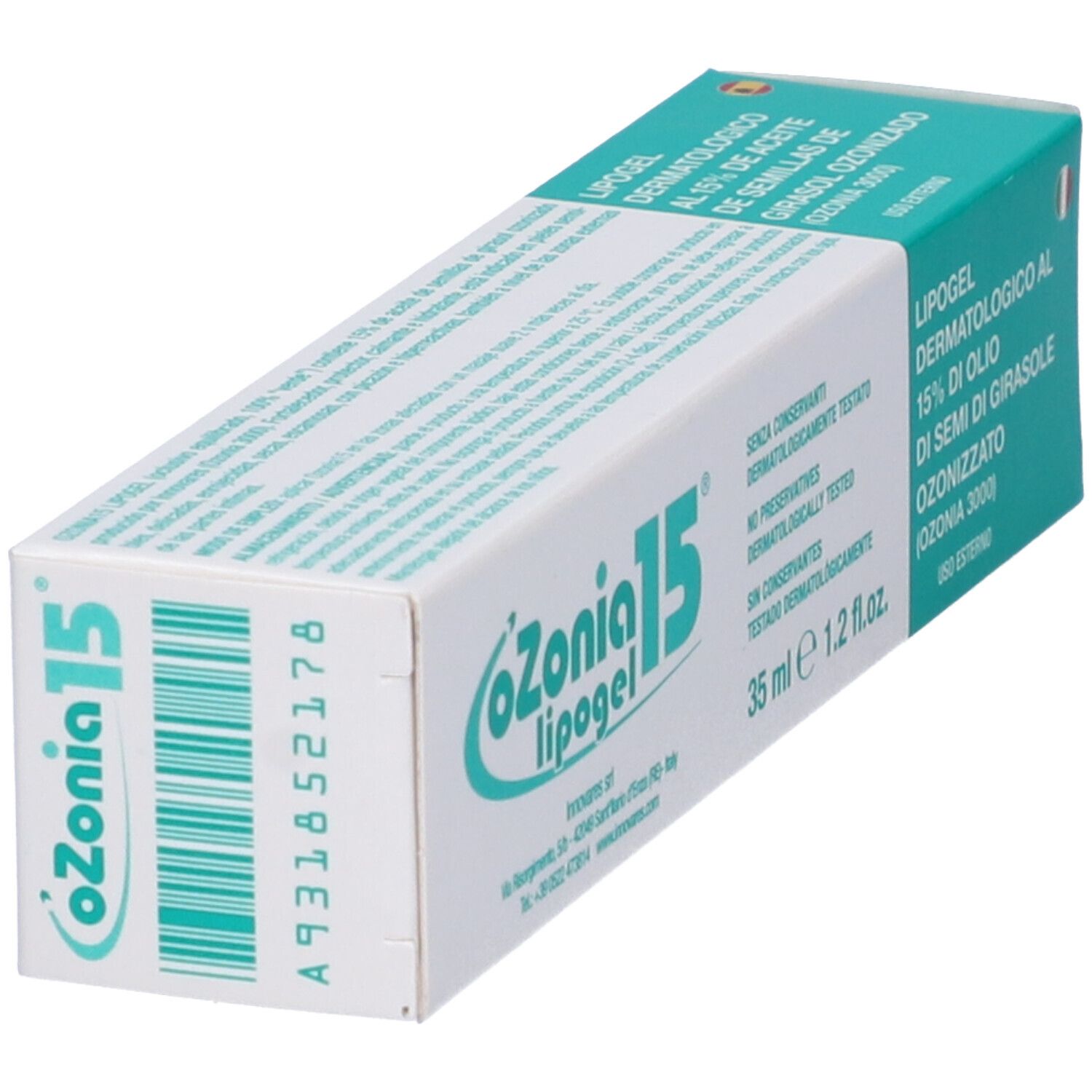 Scatola con stampa del prodotto. Scritto: Ozonia 15. Lipogel dermatologico al 15% di olio di semi di girasole ozonizzato. Codice a barre.
