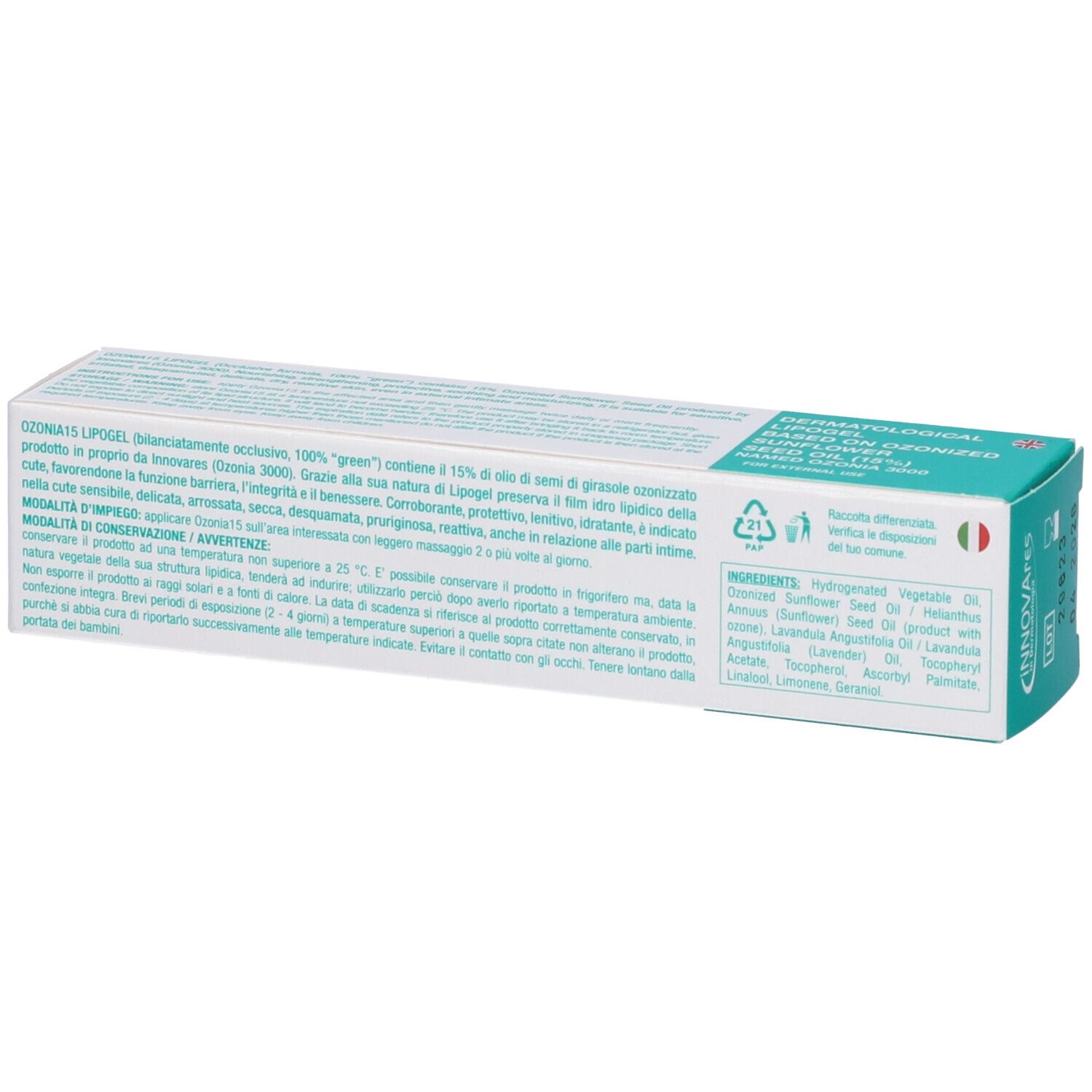 Scatola con stampa del prodotto. Scritto: Ozonia 15. Lipogel dermatologico al 15% di olio di semi di girasole ozonizzato. 35 ml.