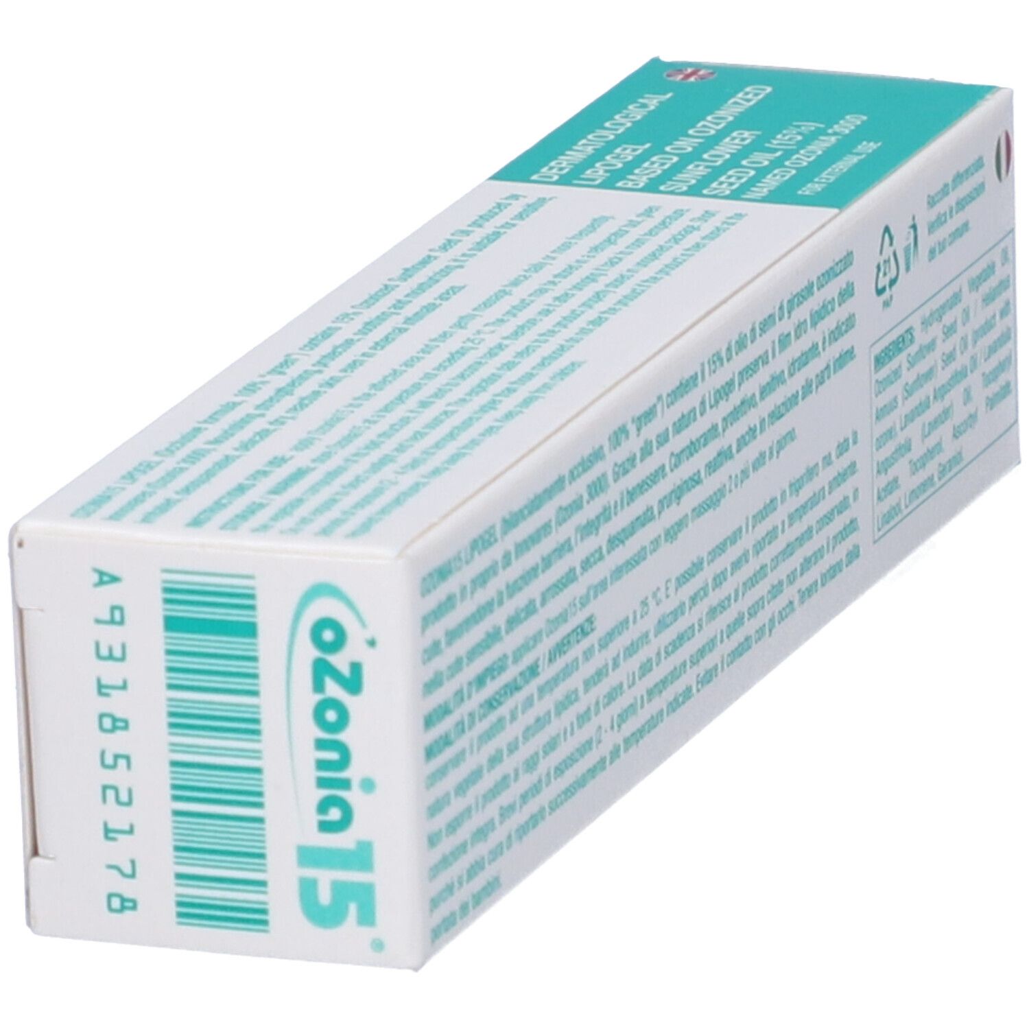 Retro della scatola con informazioni sul prodotto. Scritto: Ozonia 15. Lipogel dermatologico al 15% di olio di semi di girasole ozonizzato.
