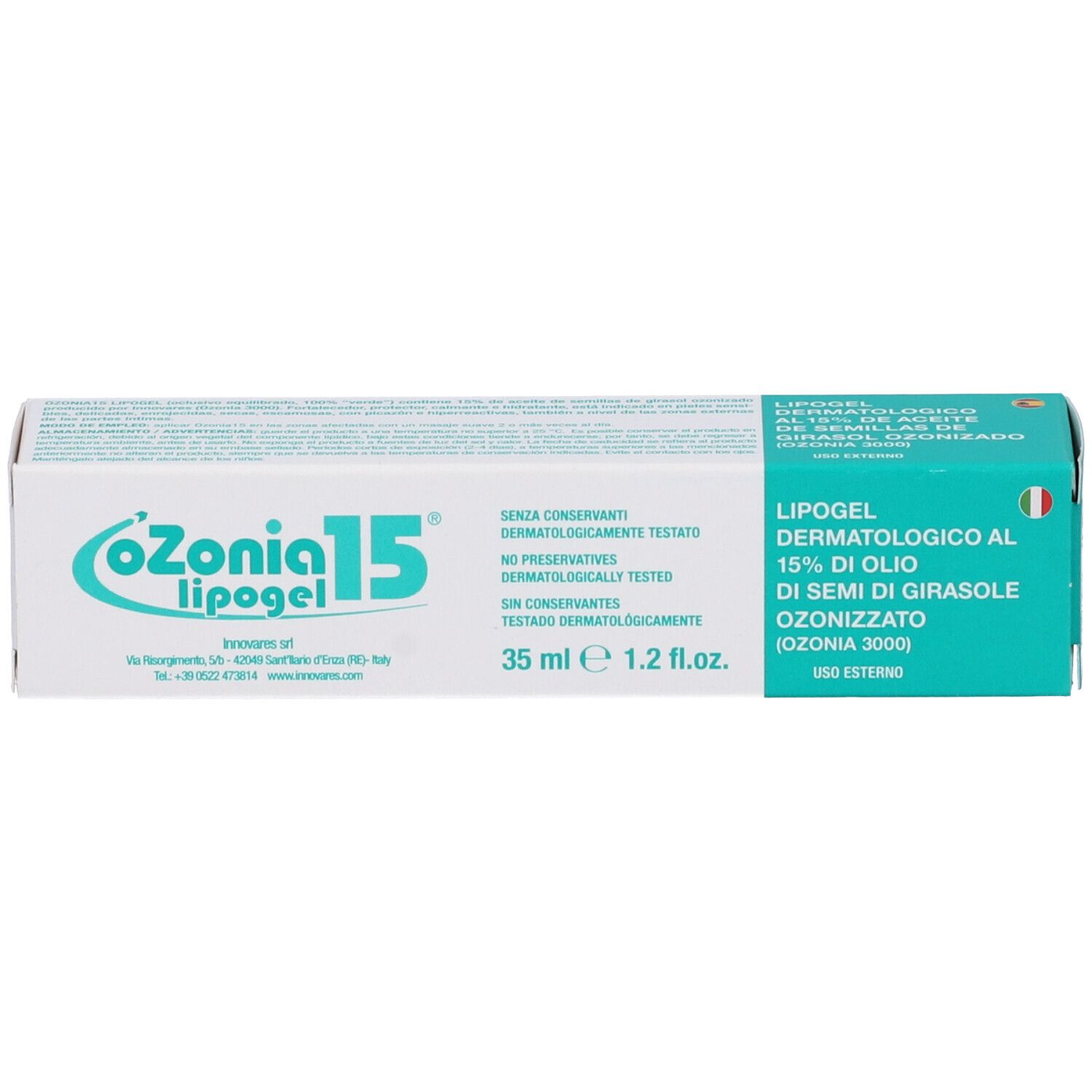 Scatola con stampa del prodotto. Scritto: Ozonia 15. Lipogel dermatologico al 15% di olio di semi di girasole ozonizzato. 35 ml.