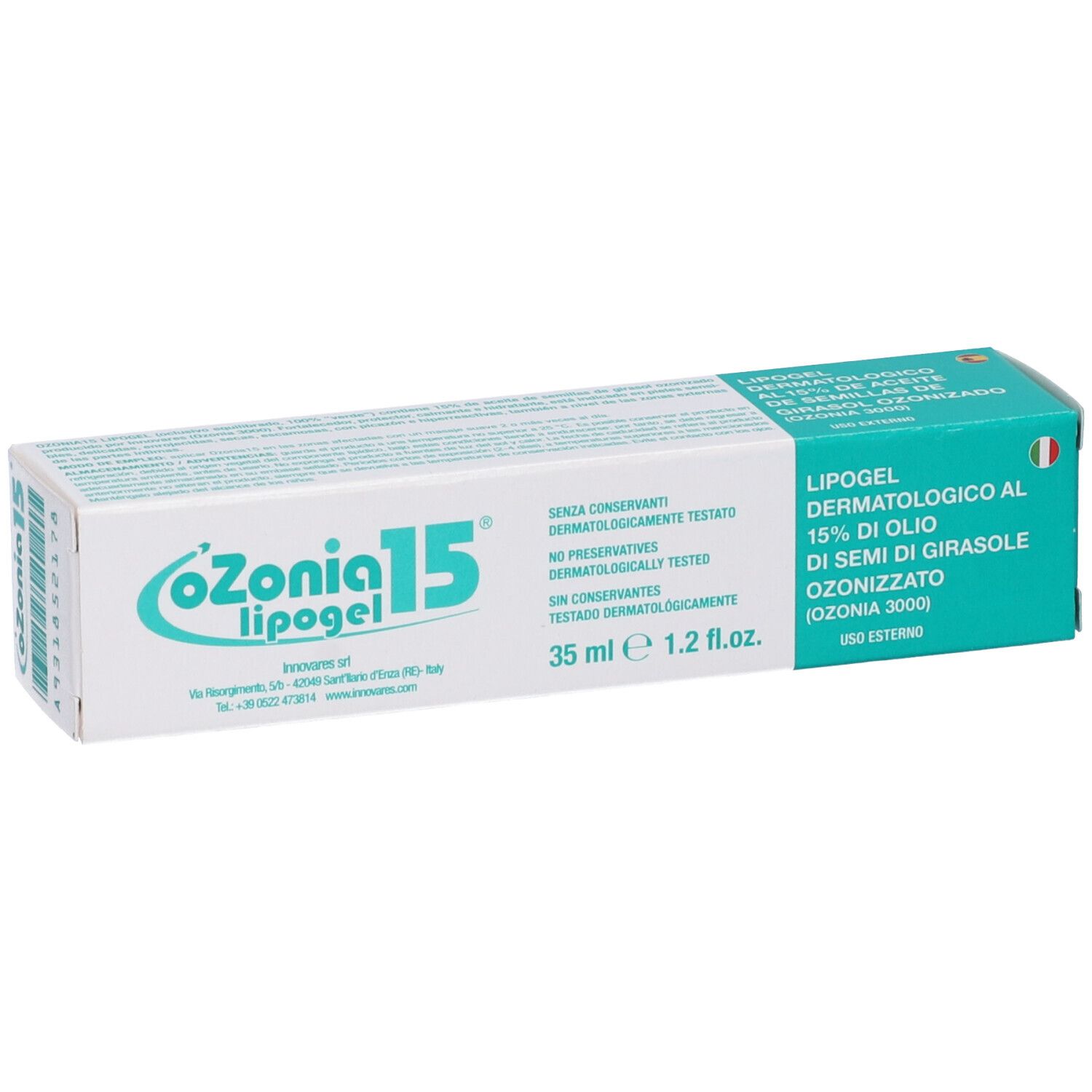 Scatola con stampa del prodotto. Scritto: Ozonia 15. Lipogel dermatologico al 15% di olio di semi di girasole ozonizzato. 35 ml.