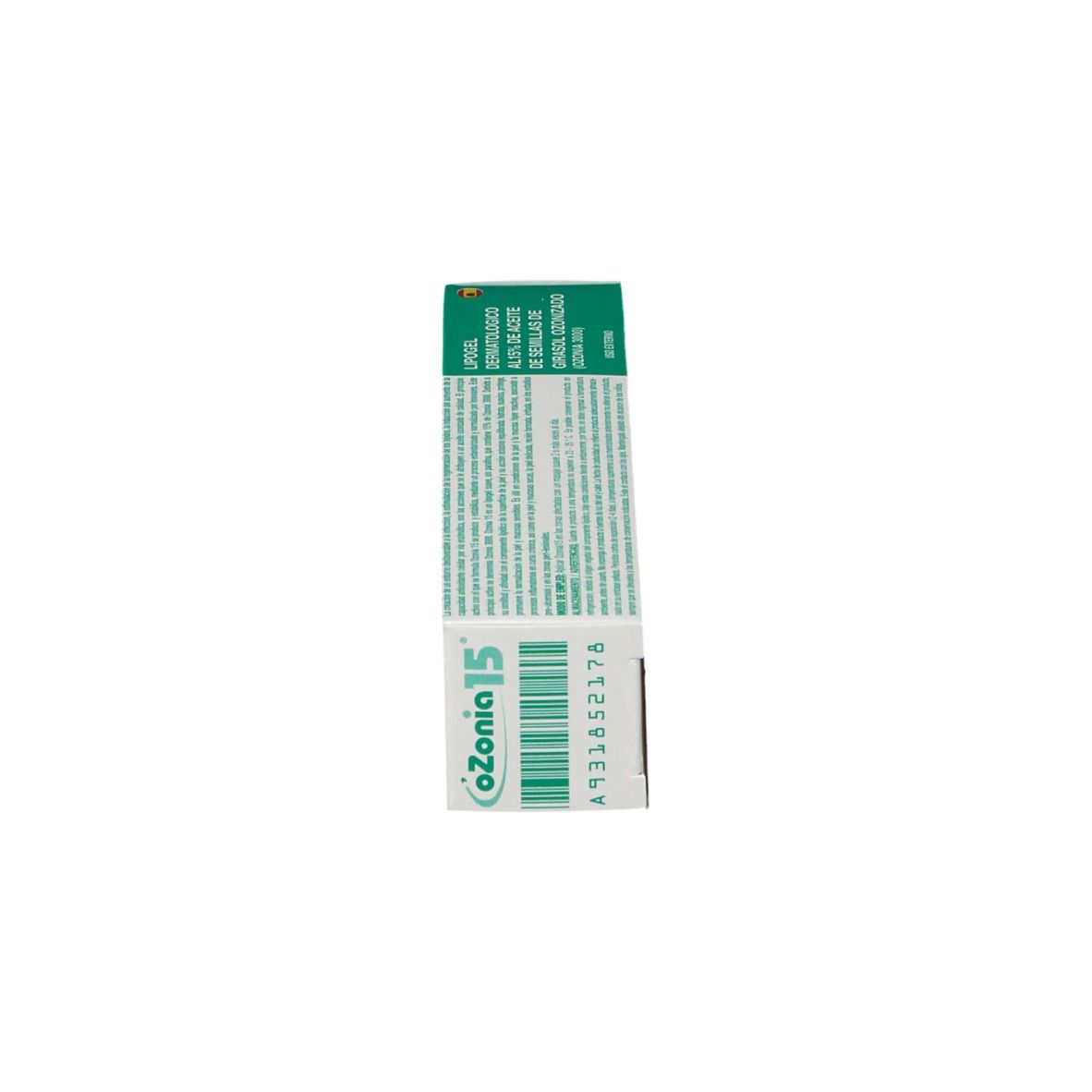 Scatola con stampa del prodotto. Scritto: Ozonia 15. Lipogel dermatologico al 15% di olio di semi di girasole ozonizzato. Codice a barre.