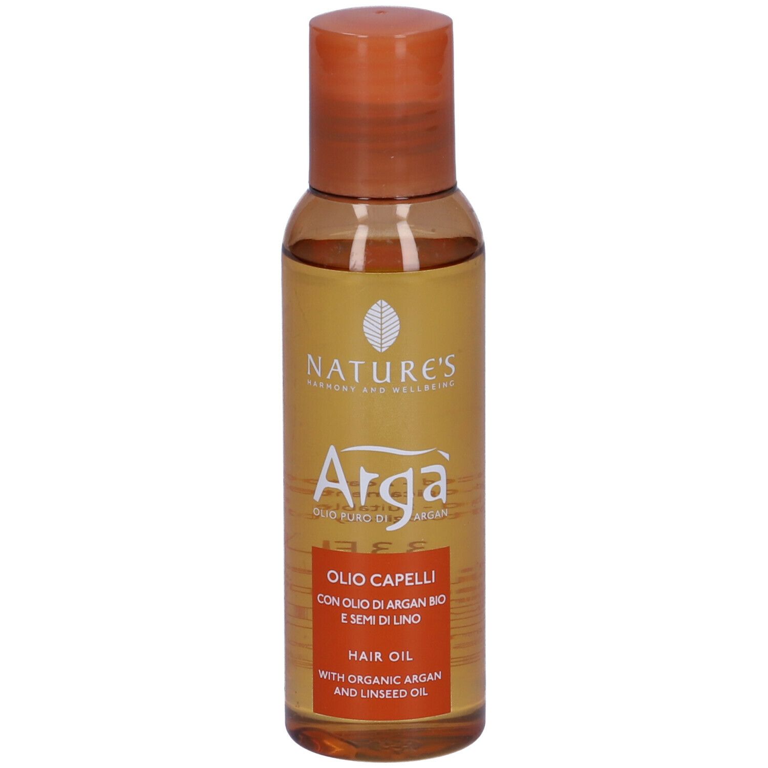 Flacone marrone NATURE'S Argà Olio capelli. Tappo arancione. Etichetta con nome prodotto e ingredienti.