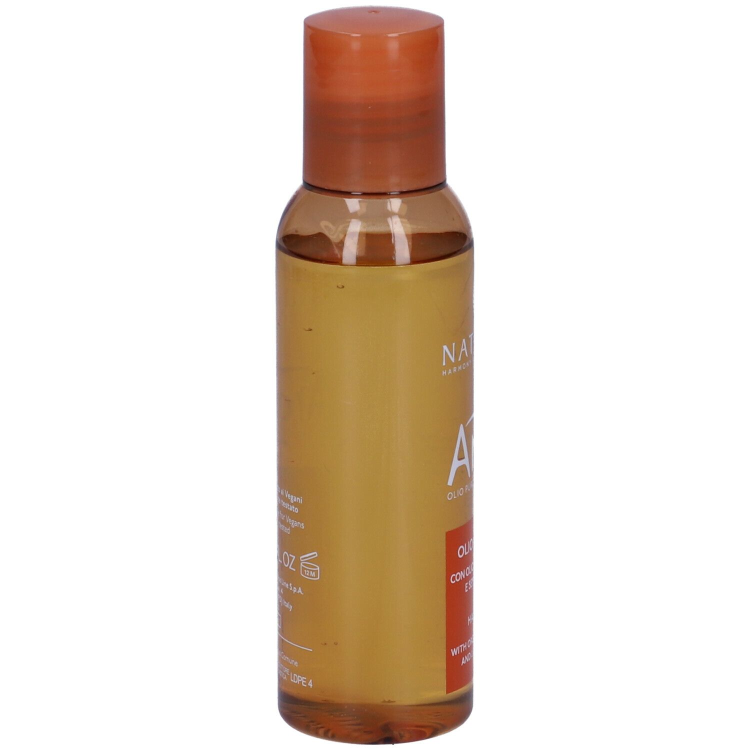 Flacone marrone NATURE'S Argà Olio capelli. Tappo arancione. Etichetta con informazioni e loghi.