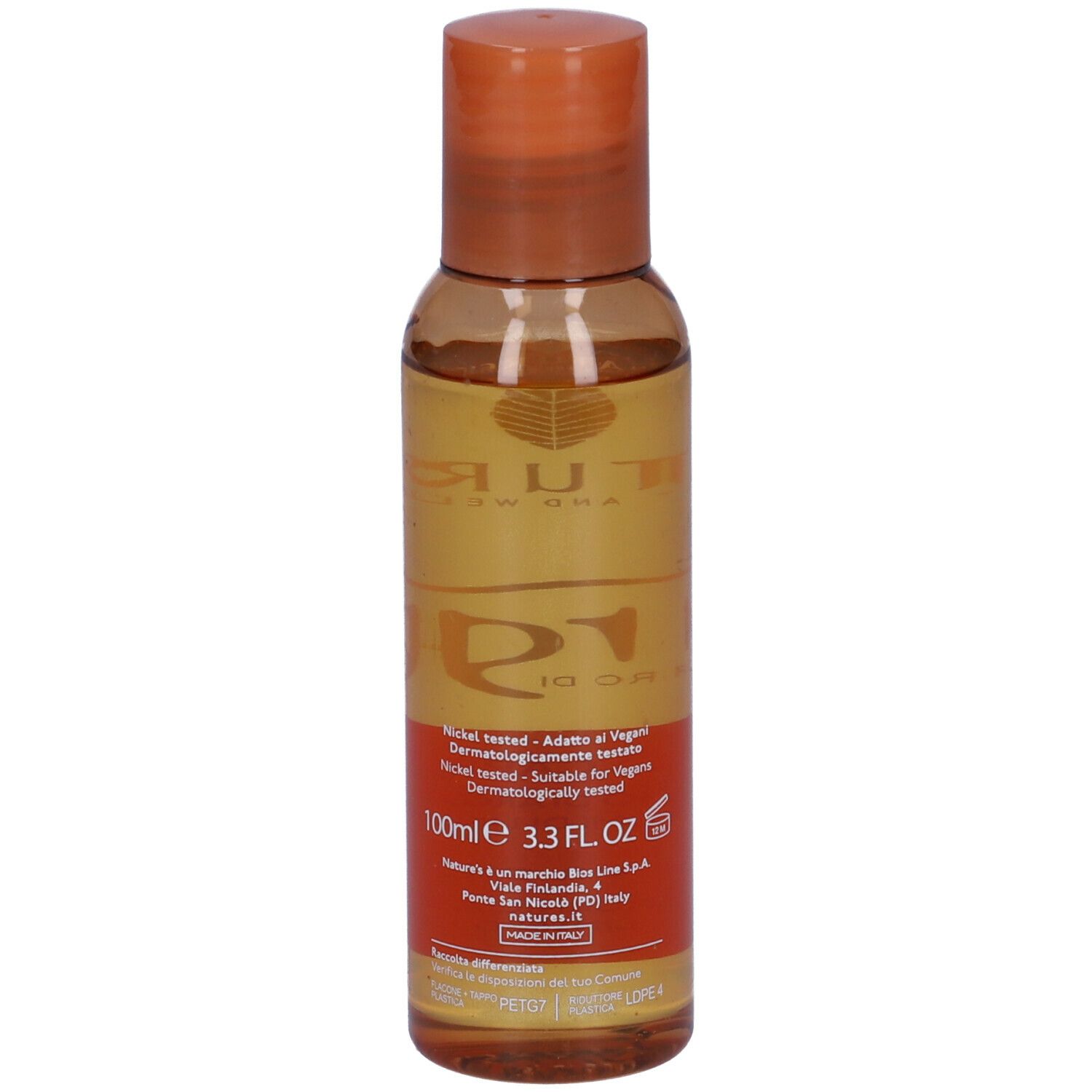 Flacone marrone NATURE'S Argà Olio capelli. Tappo arancione. Etichetta con informazioni, 100ml e loghi.