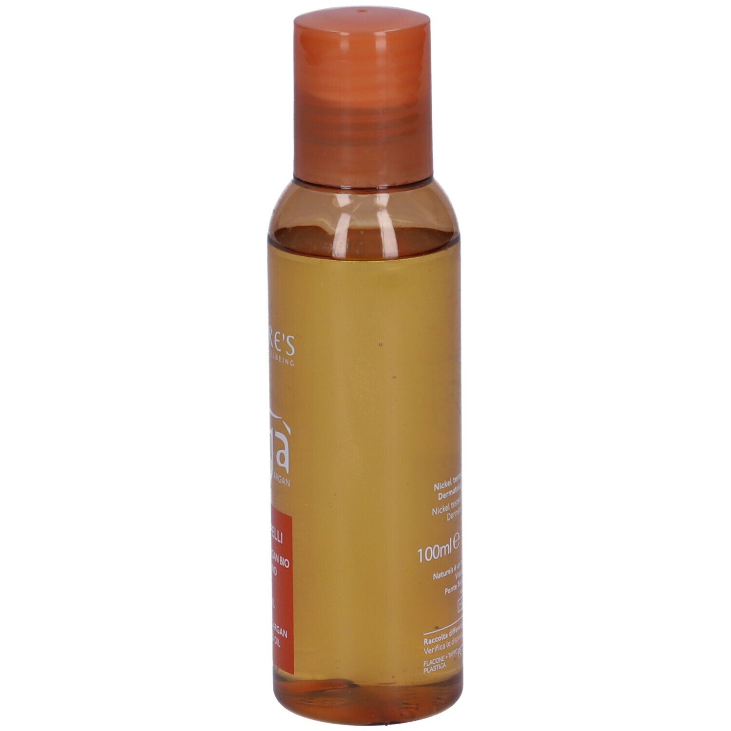 Flacone marrone NATURE'S Argà Olio capelli. Tappo arancione. Etichetta con informazioni e 100ml.