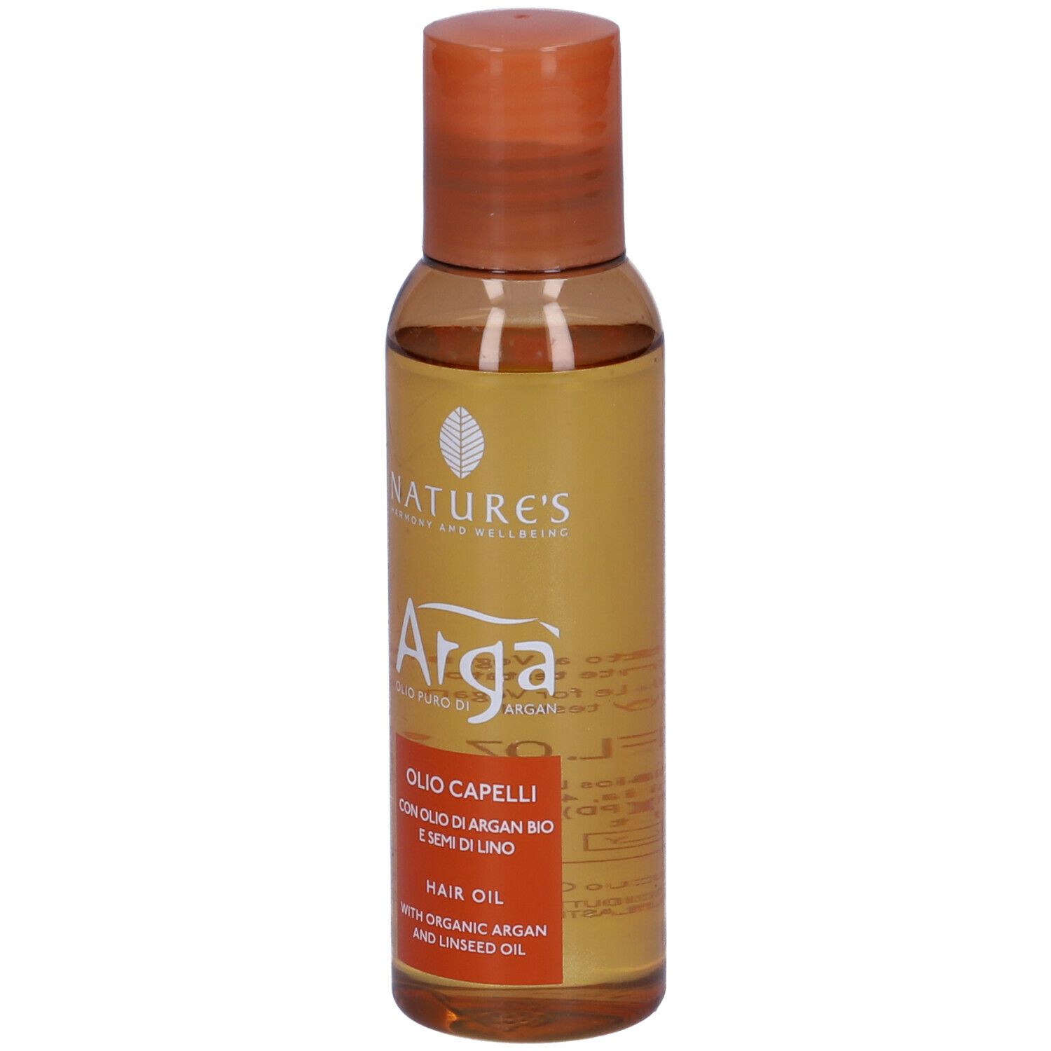 Flacone marrone NATURE'S Argà Olio capelli. Tappo arancione. Etichetta con nome e ingredienti.