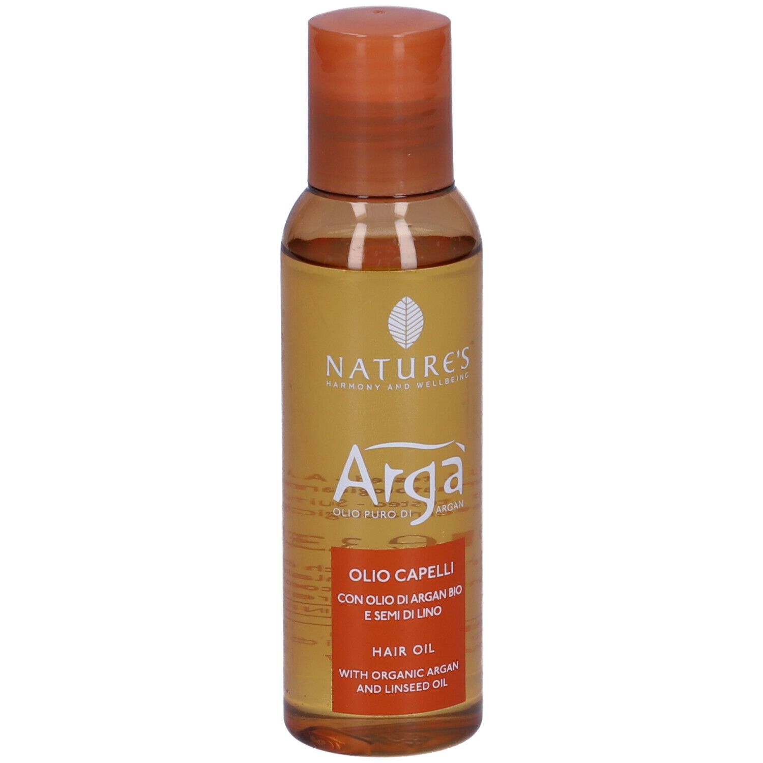 Flacone marrone NATURE'S Argà Olio capelli. Tappo arancione. Etichetta con nome e ingredienti.