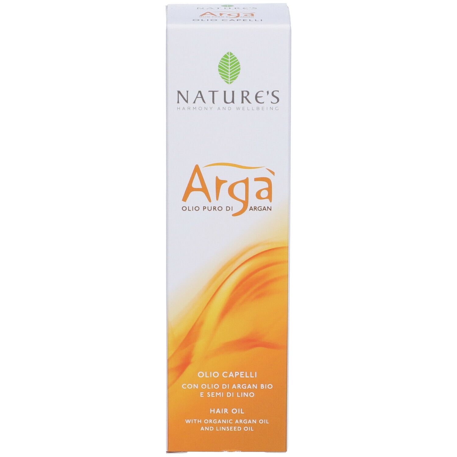 Confezione NATURE'S Argà Olio capelli. Bianca con nome e logo. Onde gialle.