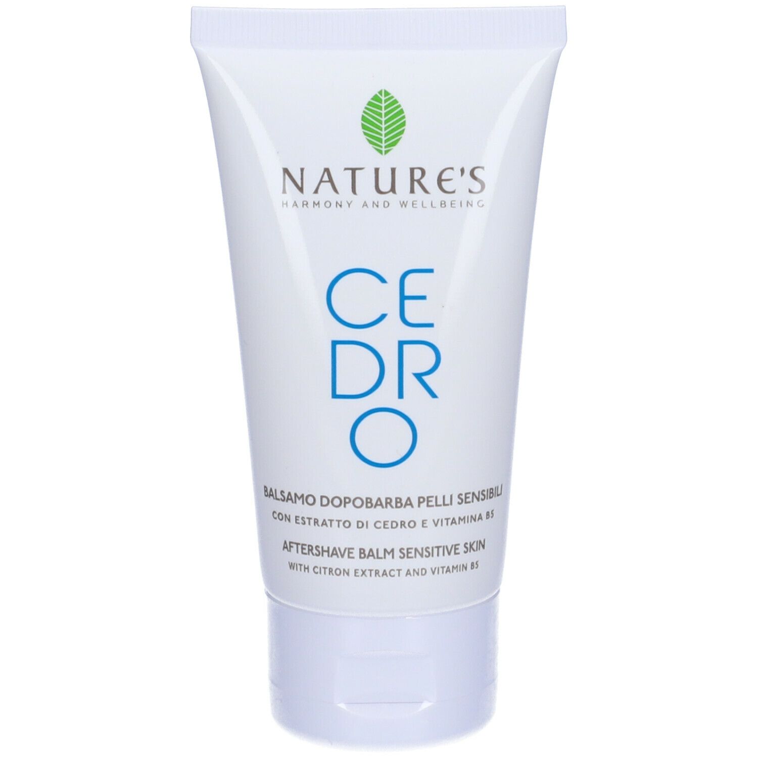 Tubo bianco NATURE'S CEDRO. Balsamo dopobarba pelli sensibili. Confezione verde e bianca.