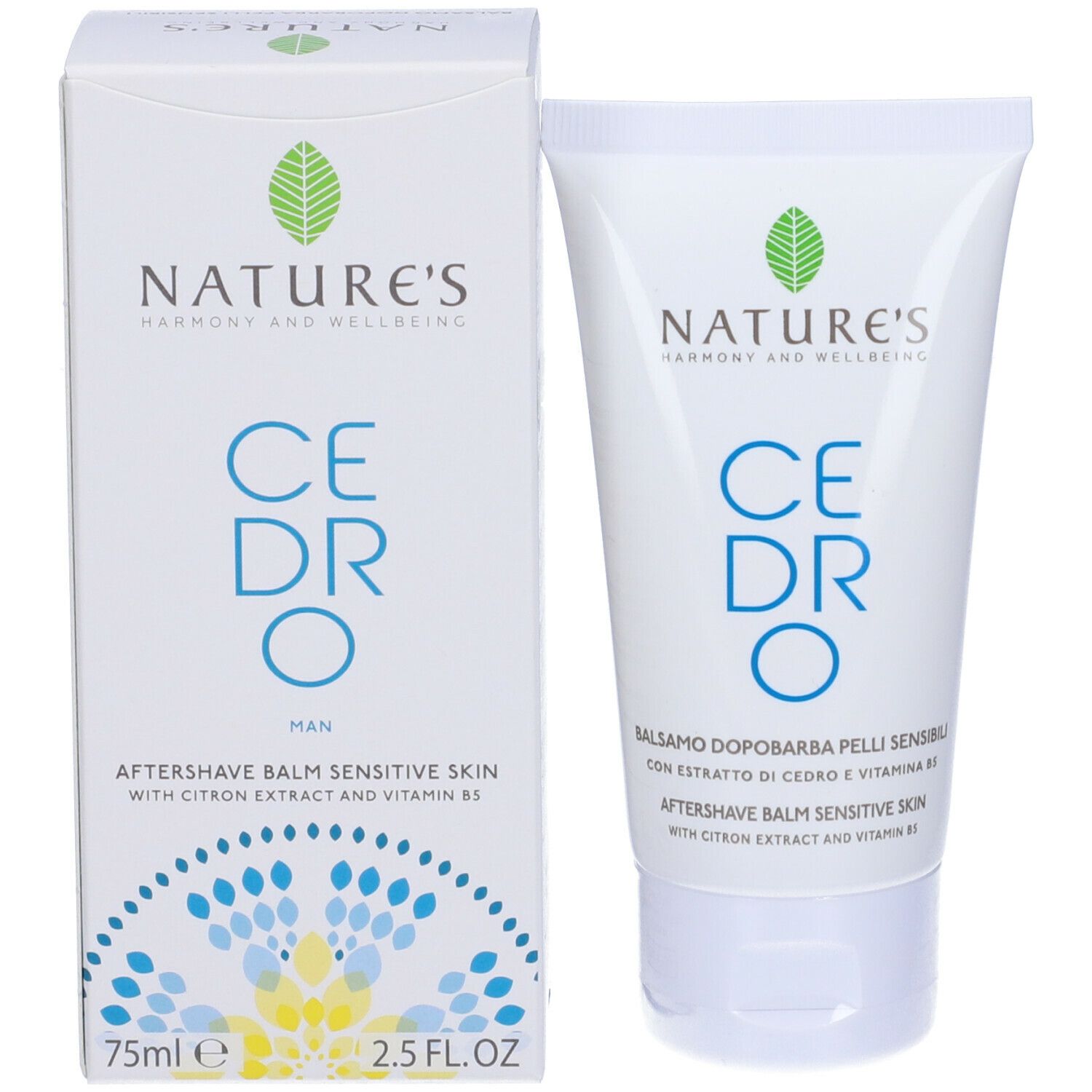 Prodotto e confezione. Scatola e tubo bianchi con logo NATURE'S e scritta CEDRO. Balsamo per pelli sensibili.