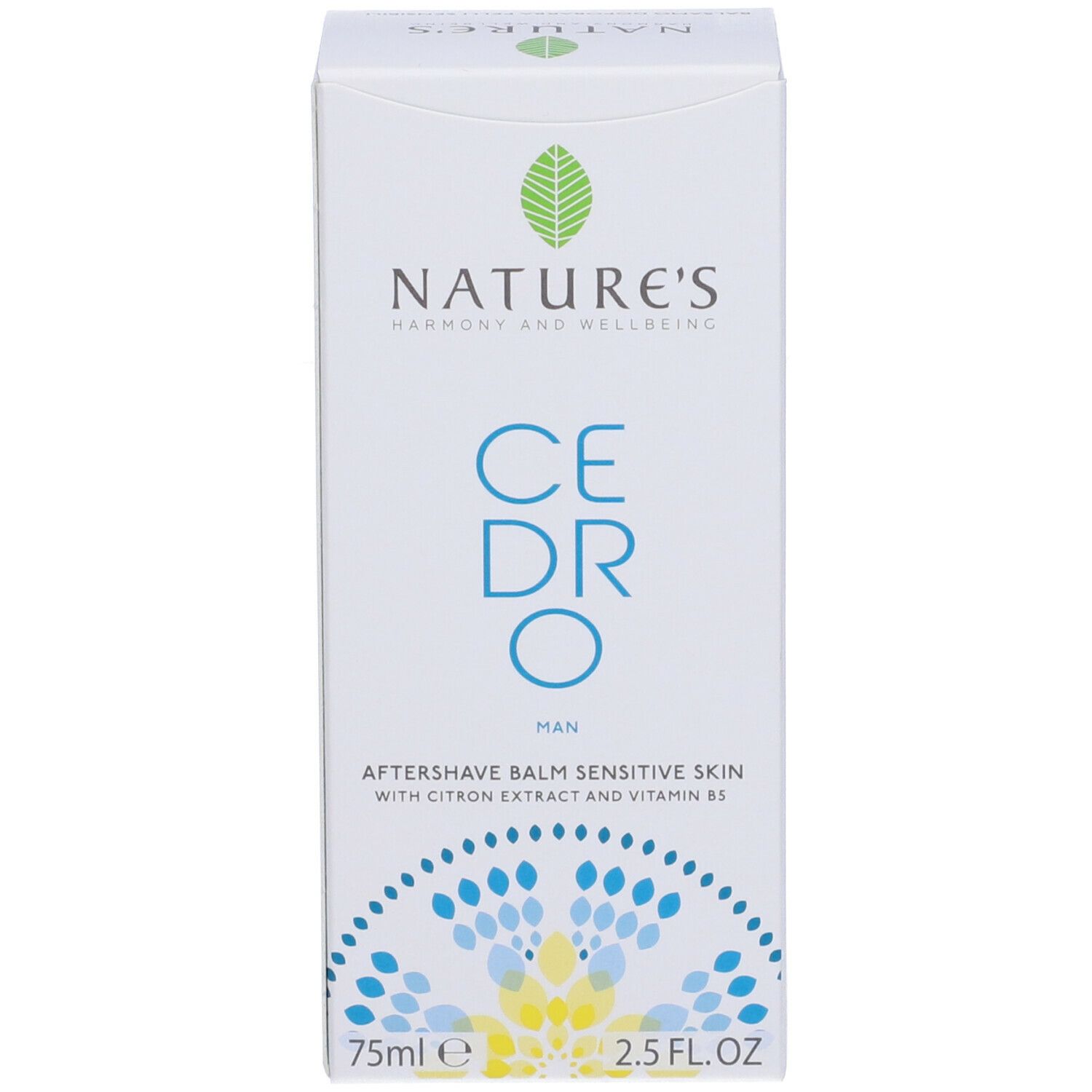 Scatola bianca con logo NATURE'S e scritta CEDRO. Balsamo per pelli sensibili. 75ml, 2.5 FL.OZ.