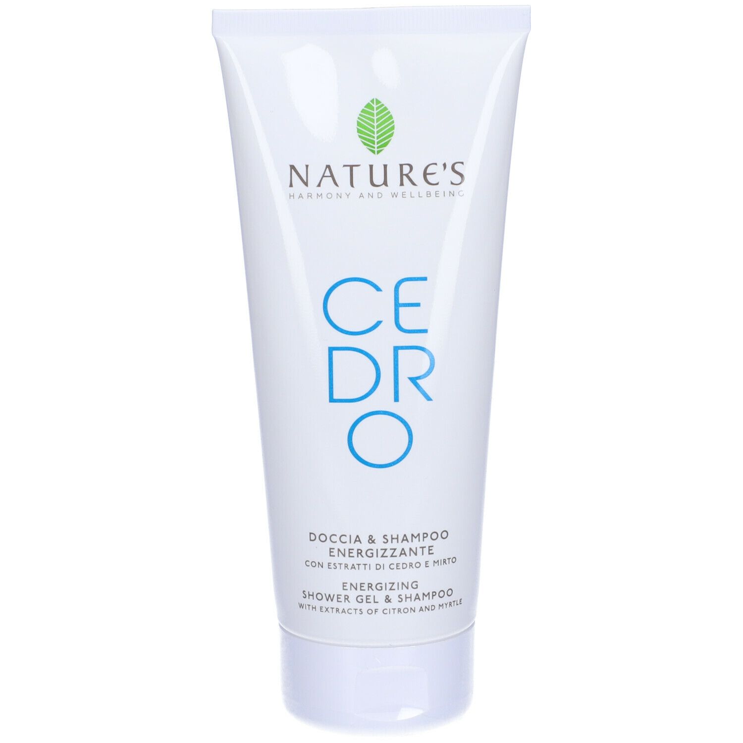 Tubo bianco con testo blu: Cedro, Doccia & Shampoo Energizzante. Logo: foglia verde. Marchio: NATURE'S.