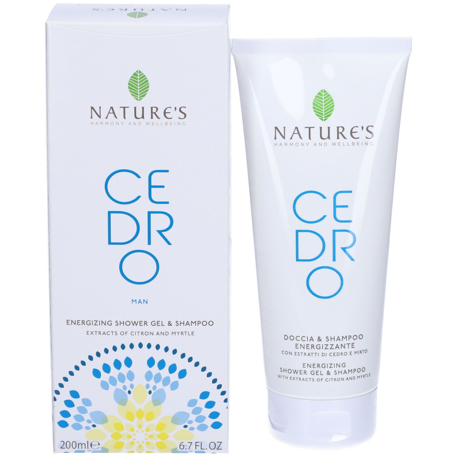 Confezione e tubo del prodotto. Confezione: bianca con testo blu, logo NATURE'S, Cedro. Tubo: bianco, Cedro, logo NATURE'S.