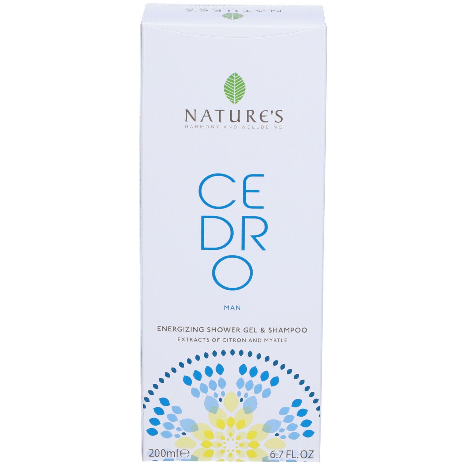 Confezione bianca del prodotto. Testo: Cedro, Energizing Shower Gel & Shampoo. Logo: NATURE'S. Motivi blu e gialli.