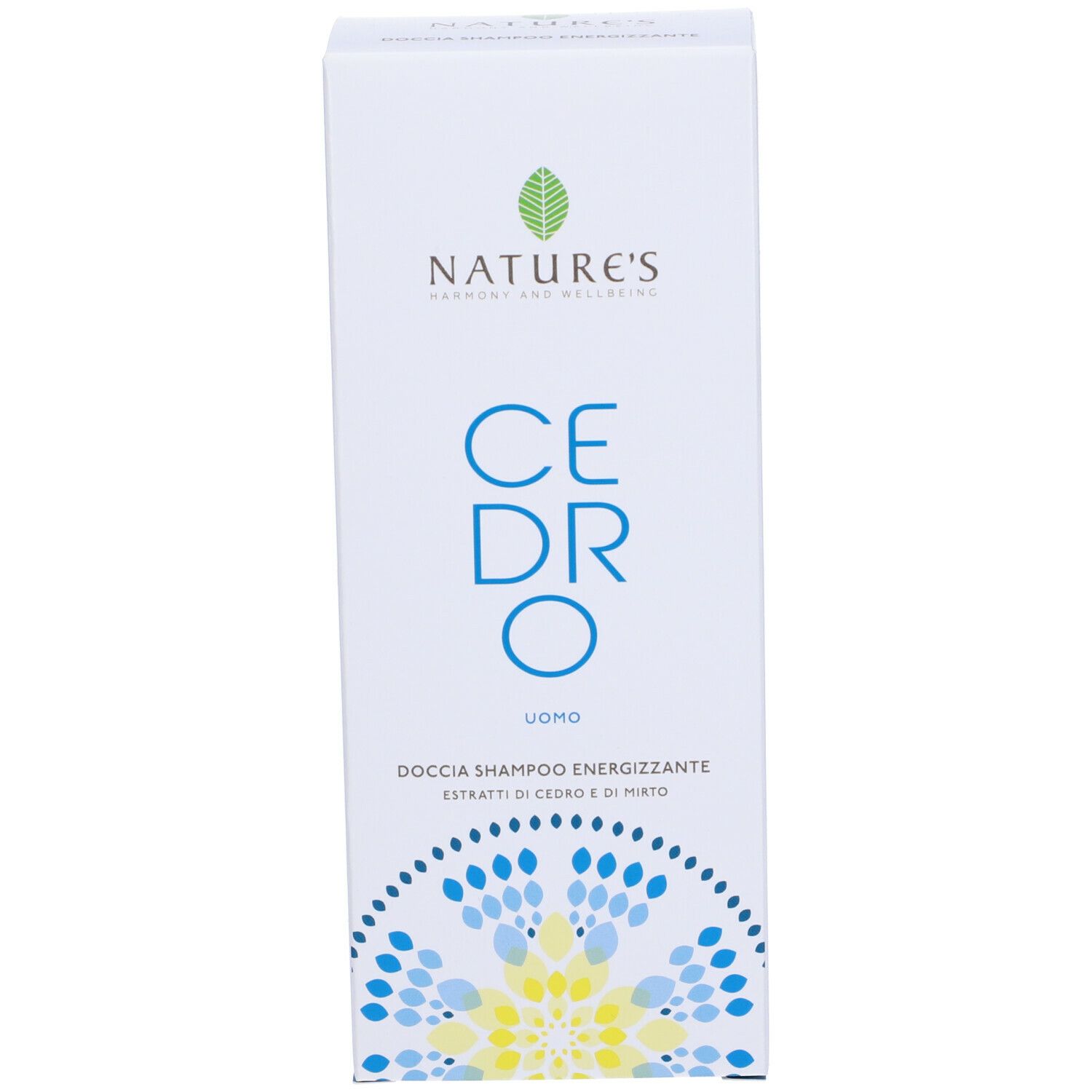 Confezione bianca del prodotto. Testo: Cedro, Uomo, Doccia Shampoo Energizzante. Logo: NATURE'S. Motivi blu e gialli.