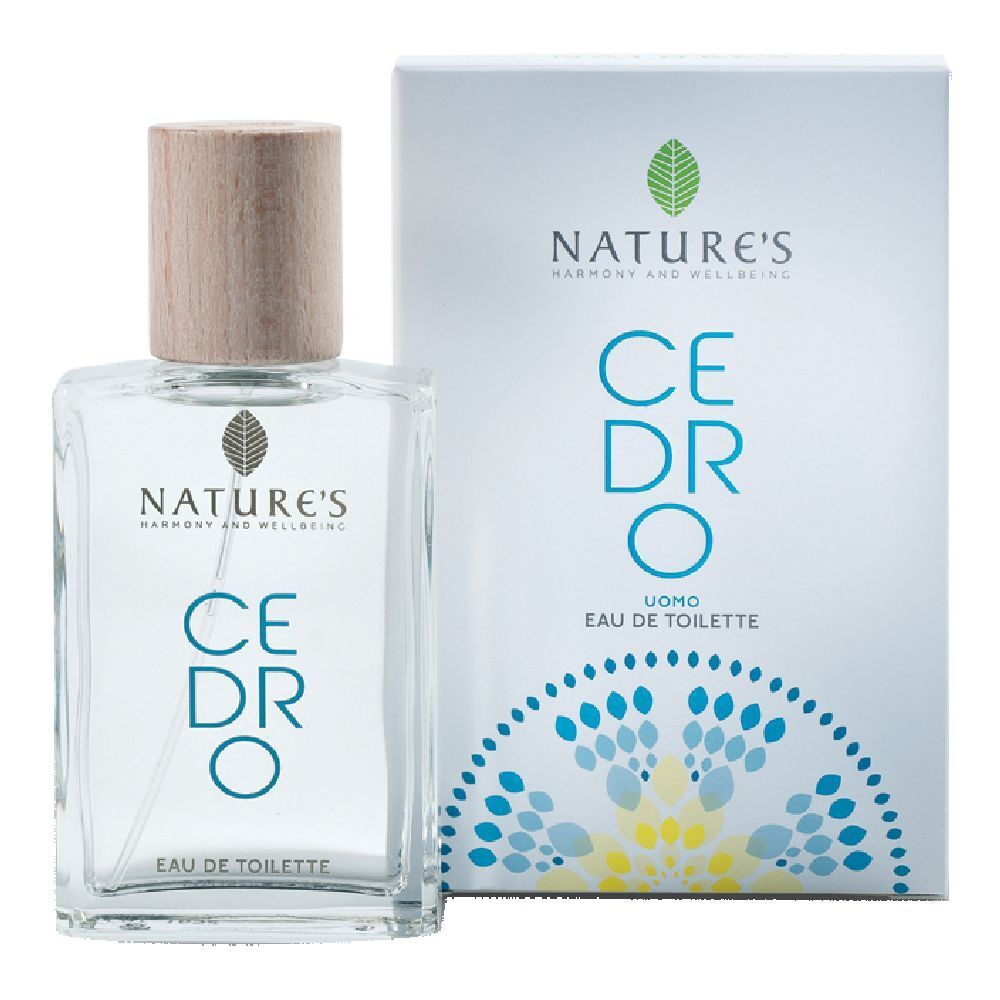 Flacone e confezione di eau de toilette. Scritta: NATURE'S, CEDRO, UOMO, EAU DE TOILETTE.