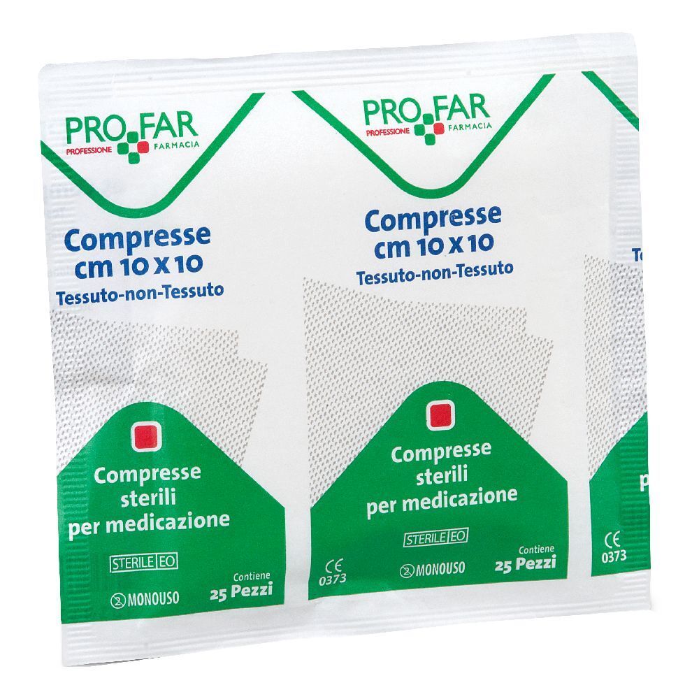 Confezione di due compresse. Scritte: PRO FAR, Compresse cm 10 x 10, sterili, 25 pezzi. Marchio CE.