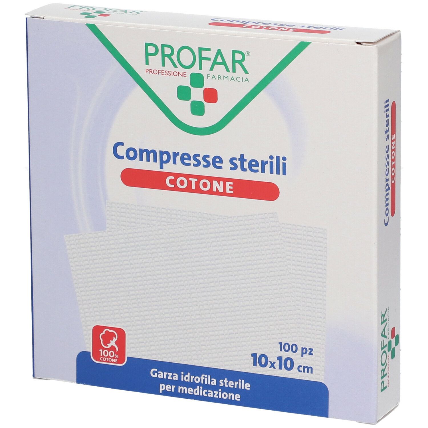 Compresse sterili PROFAR in cotone. Confezione da 100 pezzi, 10x10 cm. Scritte: PROFAR, Compresse sterili, Cotone.