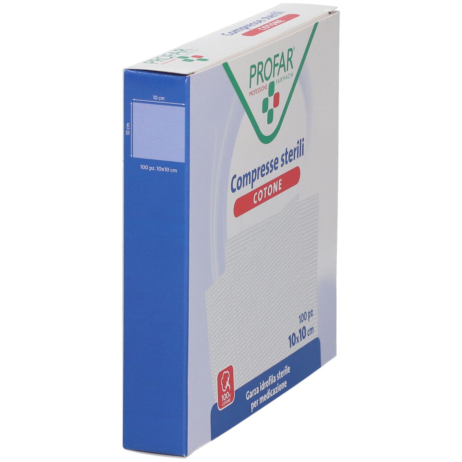 Compresse sterili PROFAR. Confezione con lato blu. Scritte: PROFAR, Compresse sterili, Cotone, 100 pezzi, 10x10 cm.